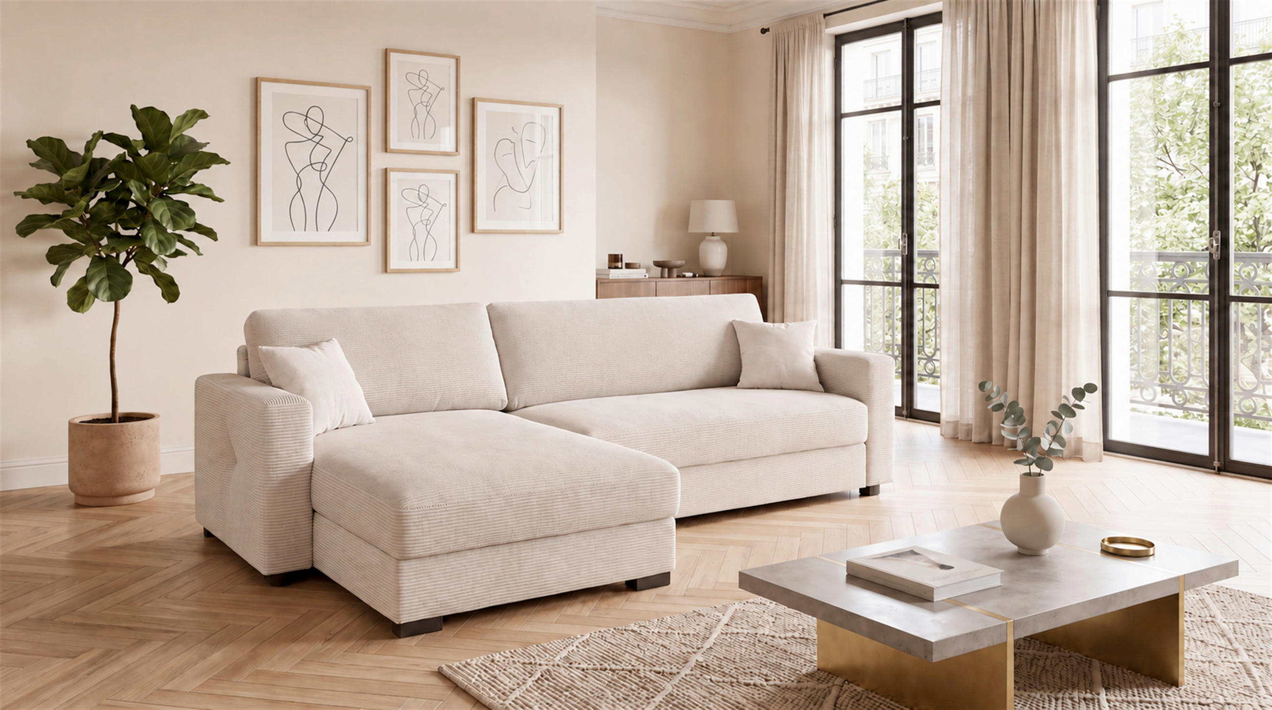 ECKSOFA  Cord Beige  - Beige/Schwarz, Basics, Holz/Holzwerkstoff (284/184cm) - MID.YOU