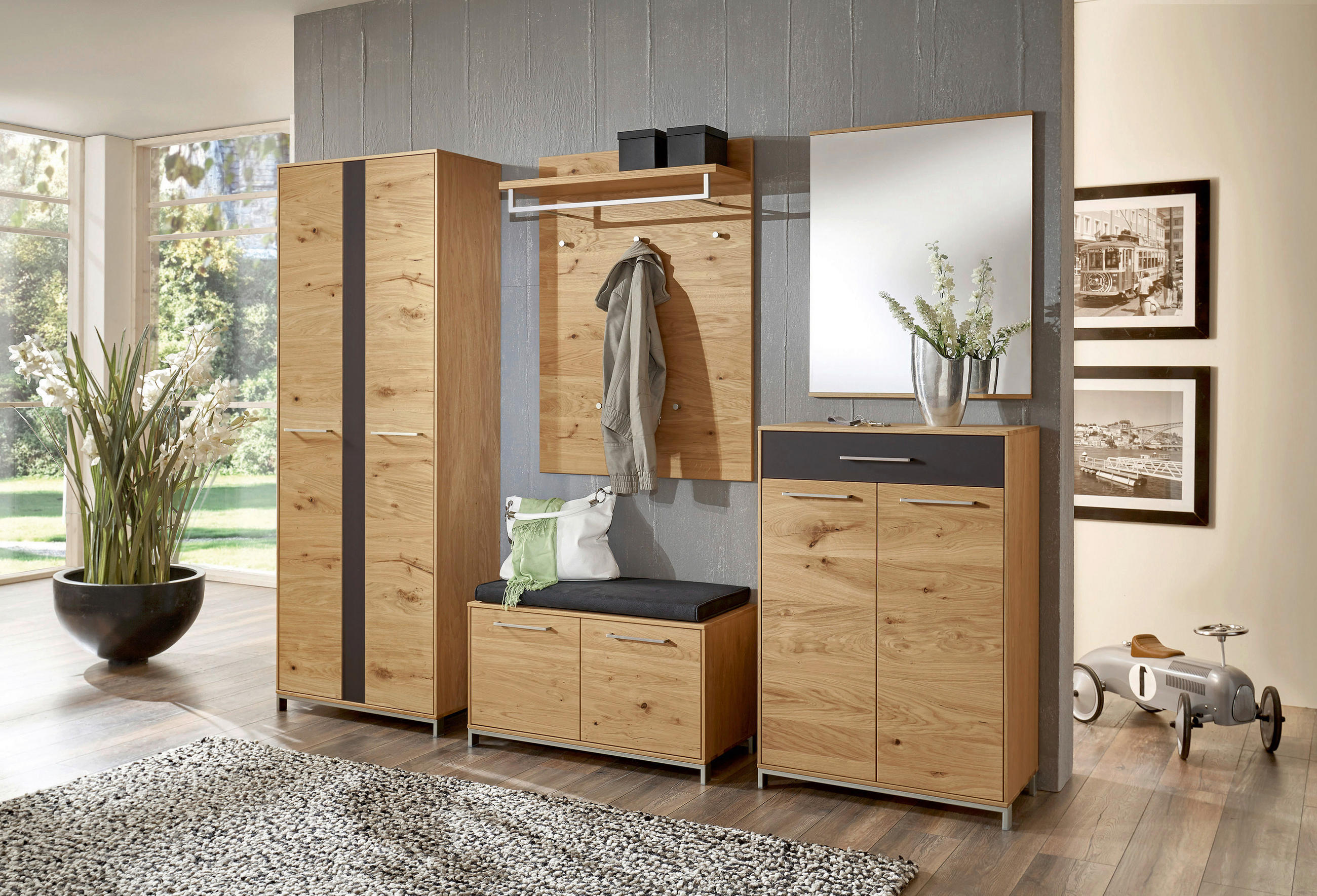 GARDEROBENBANK Eiche, Balkeneiche furniert, teilmassiv Eichefarben - Edelstahlfarben/Eichefarben, Design, Holz/Metall (86/47/40cm)