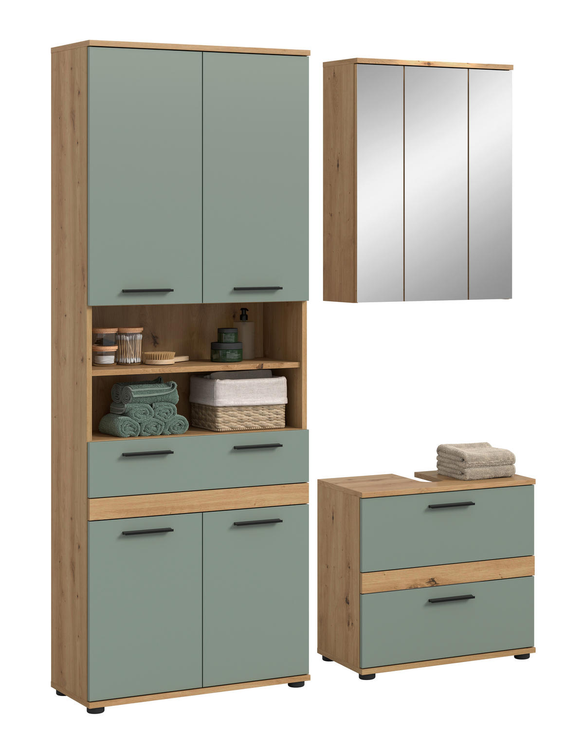 BADEZIMMER 3-teilig  in 145 cm  - Salbeigrün/Schwarz, Trend, Glas/Holzwerkstoff (145cm) - MID.YOU