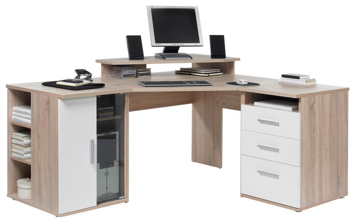 ROHOVÝ PÍSACÍ STÔL, biela, dub sonoma, 140/173/75 cm - biela/strieborná, Basics, kompozitné drevo/plast (140/173/75cm) - Carryhome