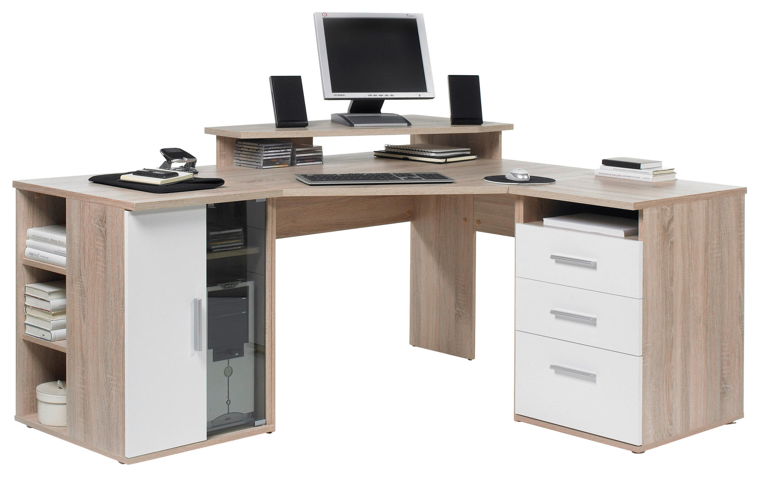 Carryhome ROHOVÝ PSACÍ STŮL, bílá, Sonoma dub, 140/173/75 cm