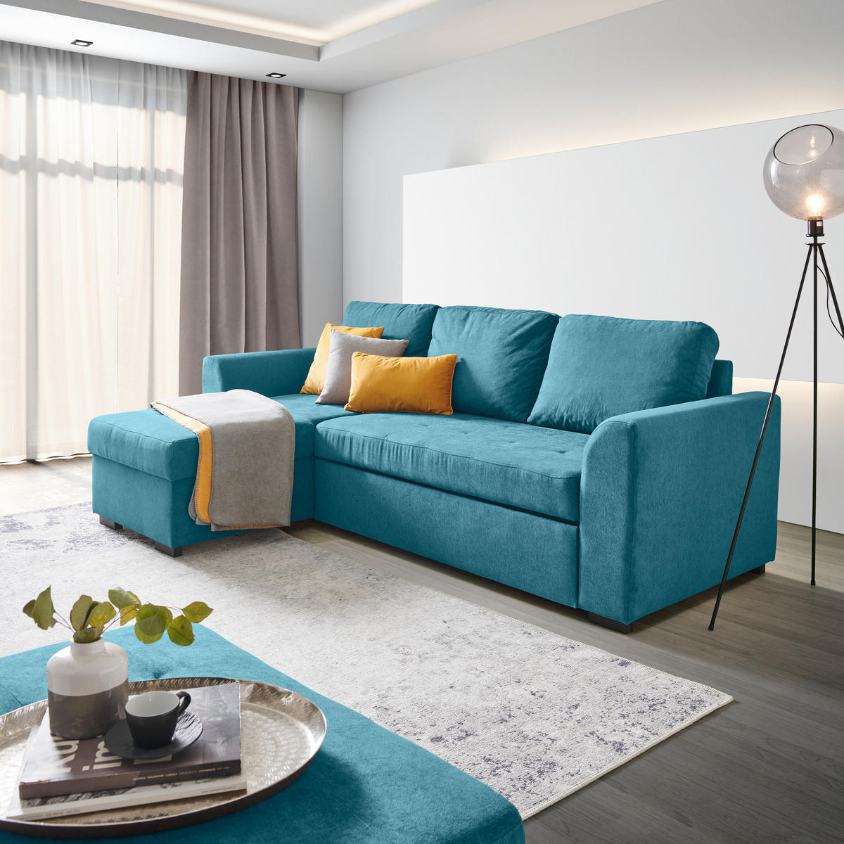 ECKSOFA in Webstoff Petrol  - Petrol/Schwarz, Design, Kunststoff/Textil (155/243cm) - Xora