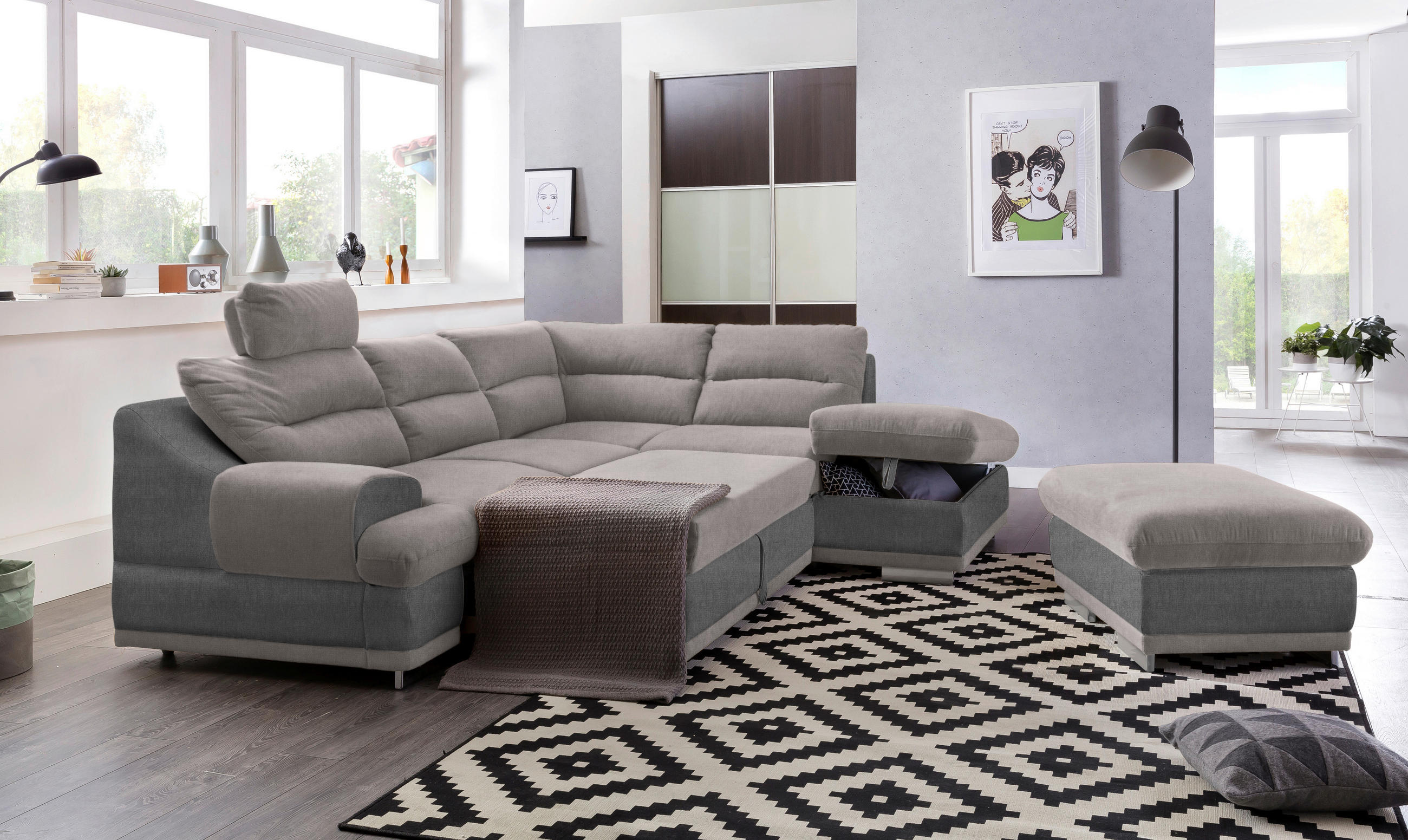 WOHNLANDSCHAFT in Velours Grau, Hellgrau  - Chromfarben/Hellgrau, Konventionell, Textil/Metall (264/217cm) - MID.YOU