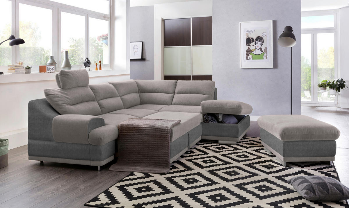 WOHNLANDSCHAFT Grau, Hellgrau Velours  - Chromfarben/Hellgrau, KONVENTIONELL, Textil/Metall (264/217cm) - MID.YOU