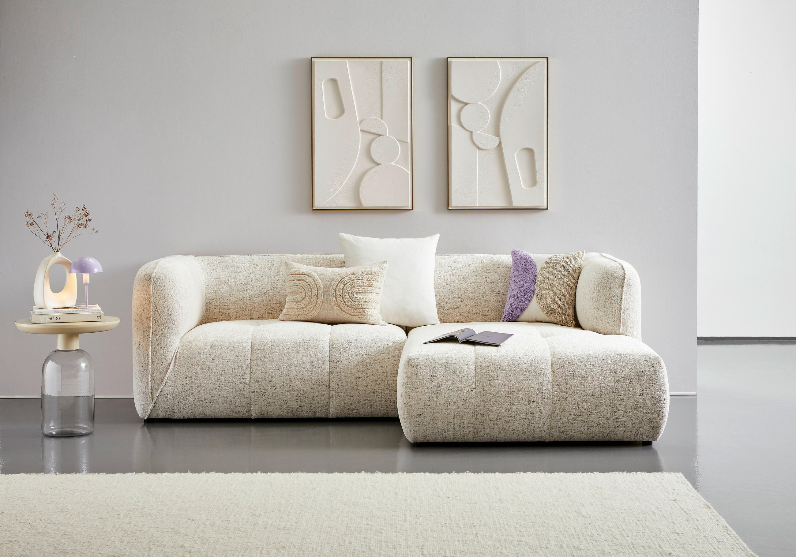 ECKSOFA Creme Chenille  - Creme/Schwarz, KONVENTIONELL, Kunststoff/Textil (255/164cm) - Ambia Home