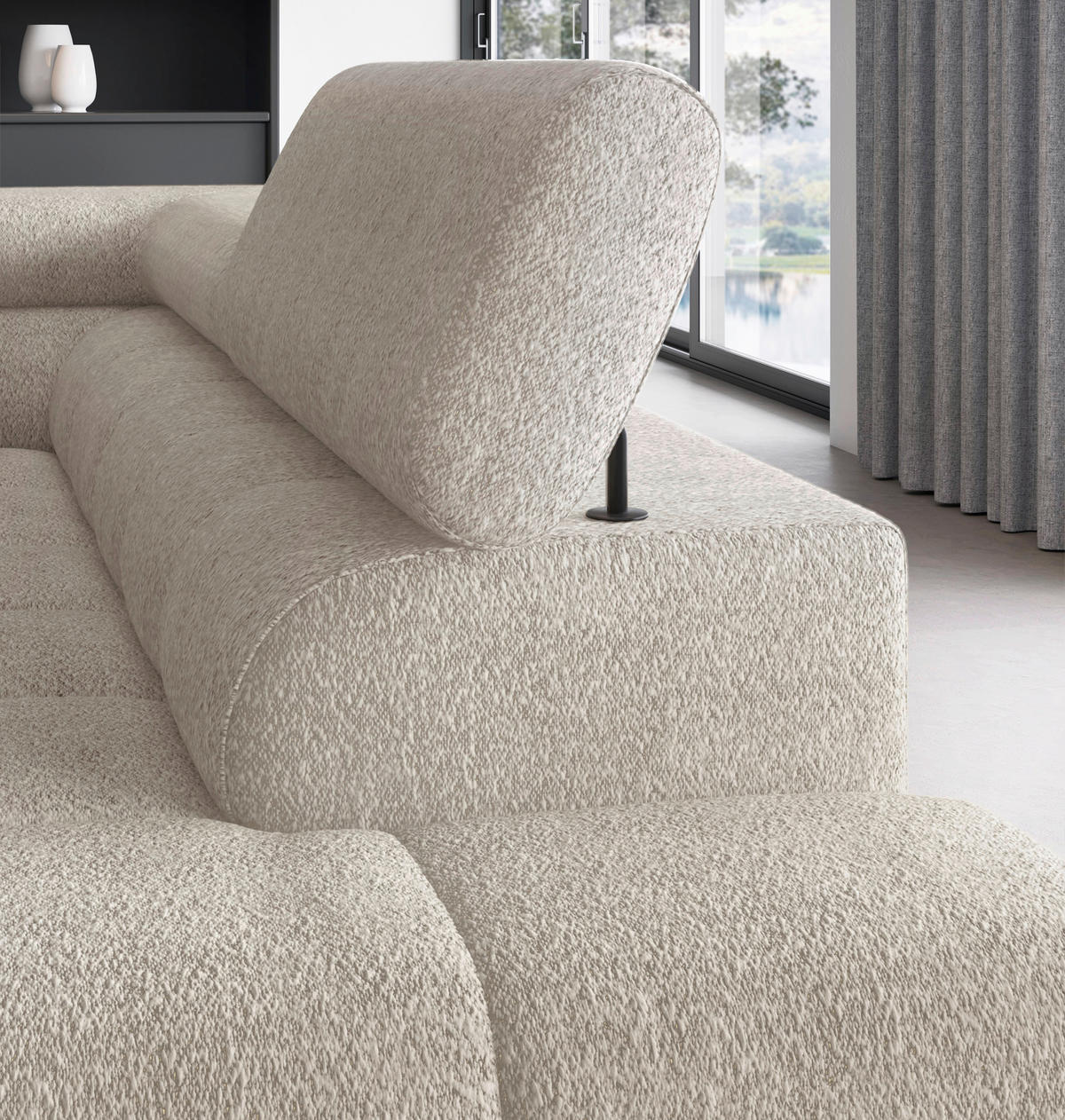 ECKSOFA FERUCCE Creme Teddystoff Bettkasten, Kopfteilverstellung  - Creme/Schwarz, Design, Textil/Metall (276/200cm) - MID.YOU