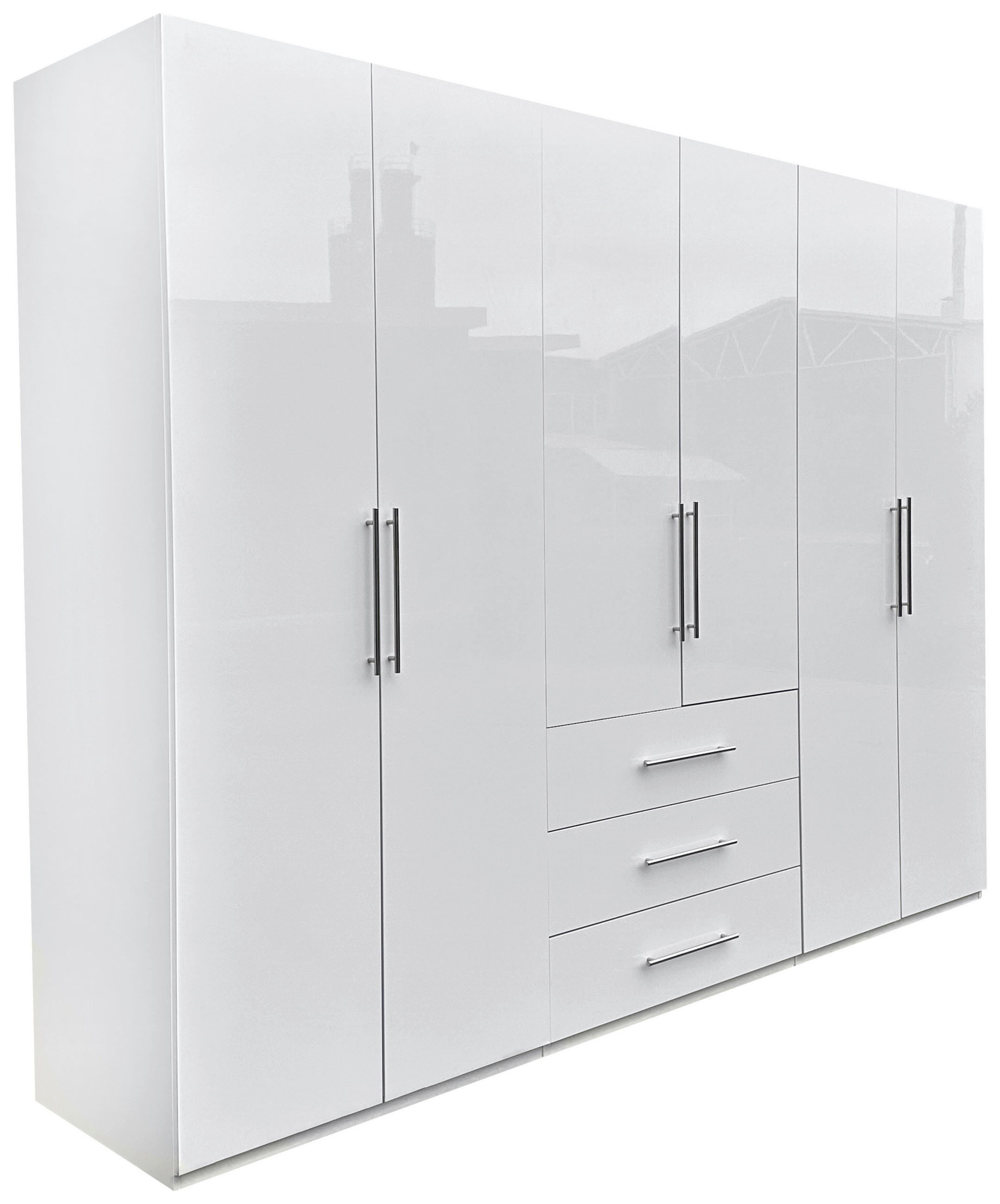 KLEIDERSCHRANK 294/219/59 cm,  in Weiß, Weiß Hochglanz, 6-türig  - Weiß Hochglanz/Alufarben, KONVENTIONELL, Holzwerkstoff/Metall (294/219/59cm) - Carryhome