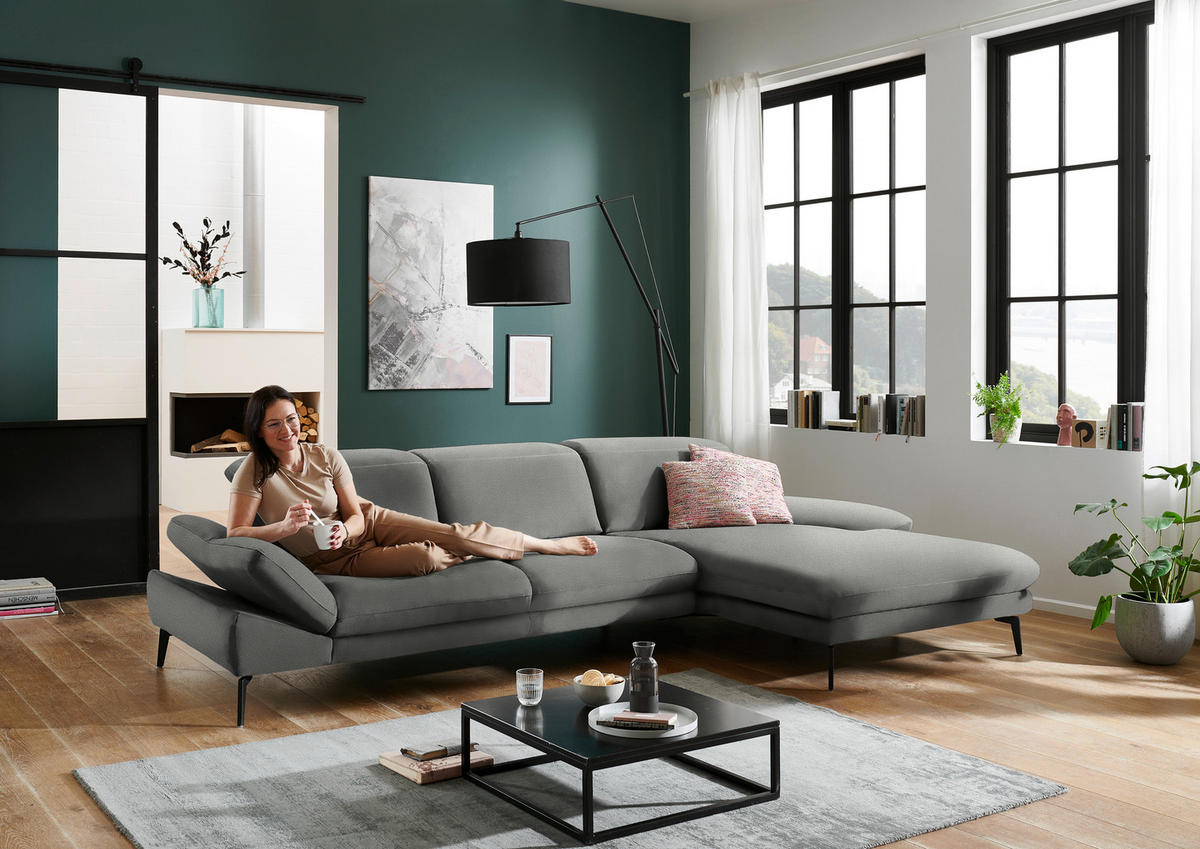 ECKSOFA in Chenille Grau  - Schwarz/Grau, Design, Textil/Metall (319/188cm) - Beldomo System