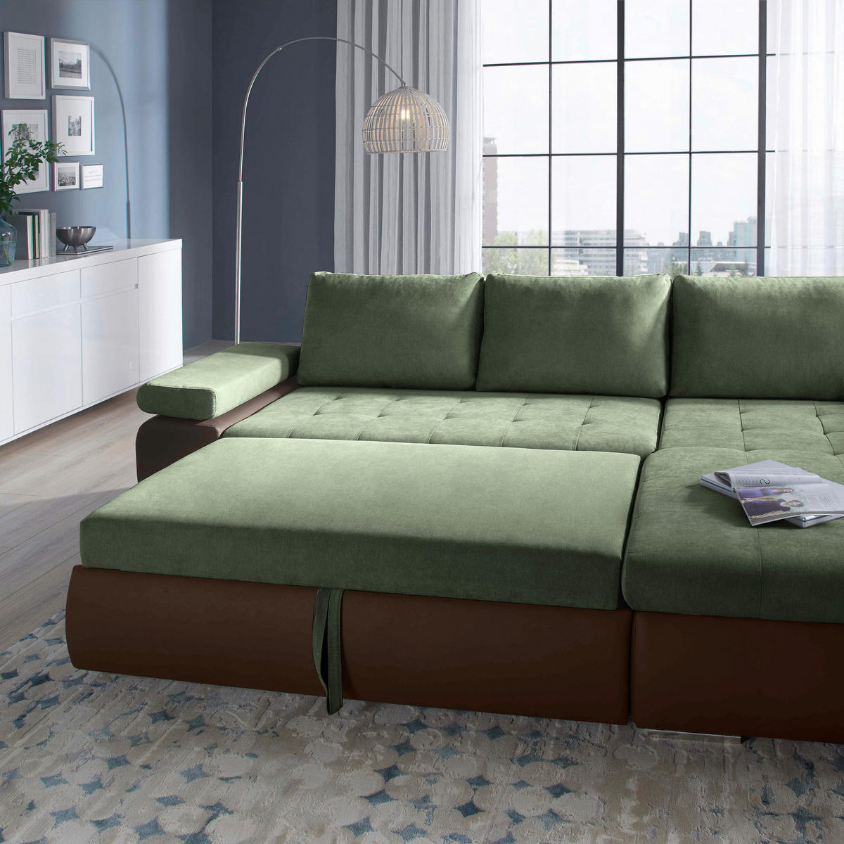 SEDEŽNA GARNITURA, gladka tkanina olivno zelena , rjava  - barve niklja/olivno zelena, Design, umetna masa/tekstil (271/175cm) - Xora