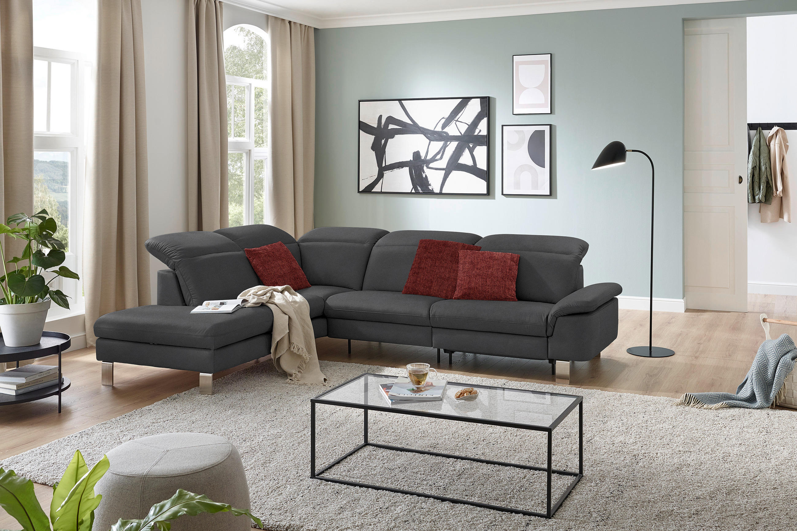 ECKSOFA in Echtleder Grau  233/309 cm  - Edelstahlfarben/Grau, Design, Leder/Metall (233/309cm) - Dieter Knoll