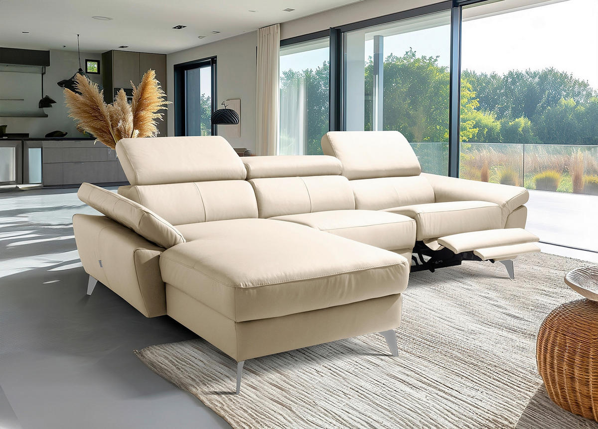 ECKSOFA SONO in Lederlook Echtleder Grau Bettkasten, Armteilverstellung, Kopfteilverstellung  252/179 cm  - Chromfarben/Grau, Design, Leder/Textil (252/179cm) - Livetastic