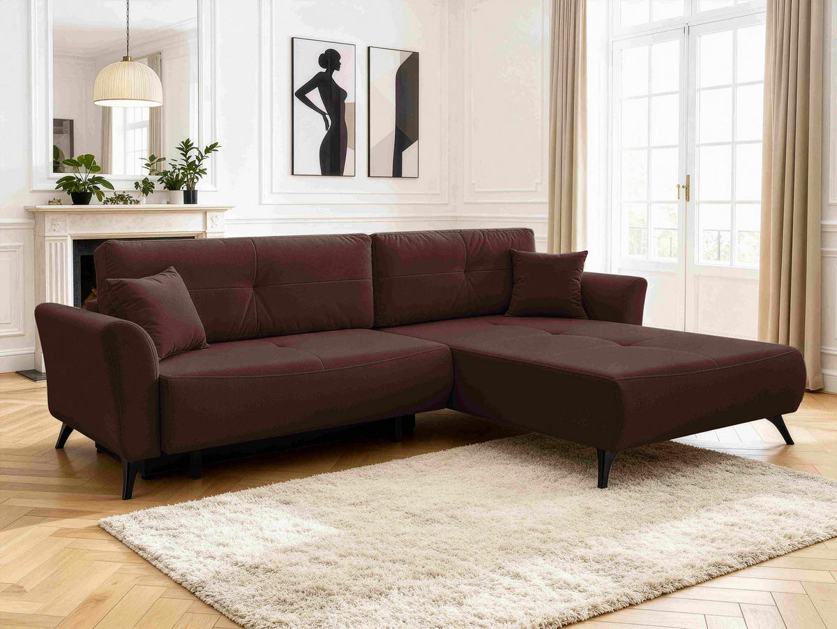 ECKSOFA GEMMA Bordeaux Flachgewebe Zierkissen, Rückenkissen, Bettkasten, Schlaffunktion, Rücken echt, Stauraum  - Bordeaux/Schwarz, Design, Textil/Metall (270/183cm) - P & B