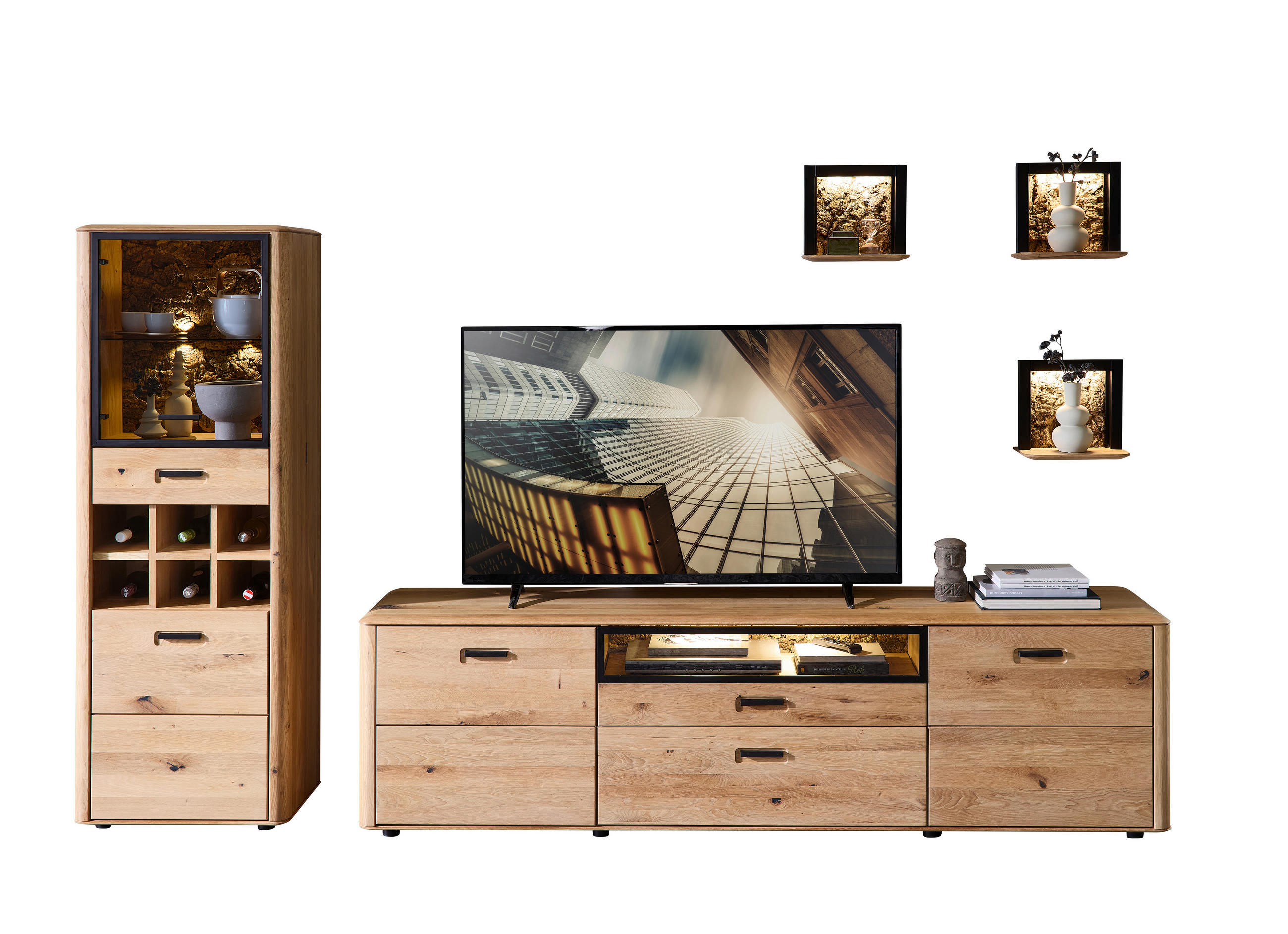 WOHNWAND  in Schwarz, Wildeiche  295/187/45 cm  - Wildeiche/Schwarz, Basics, Glas/Holz (295/187/45cm) - Livetastic