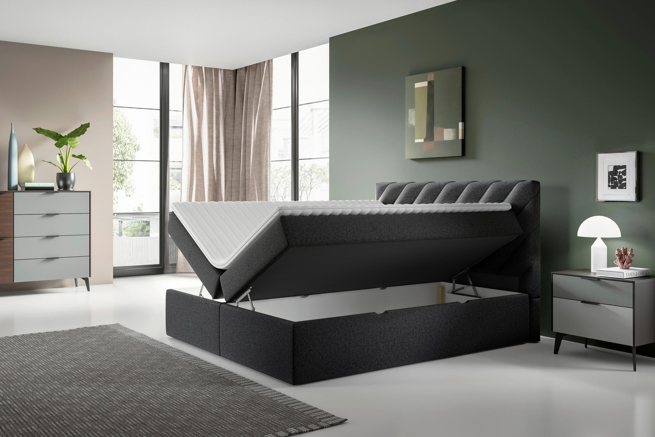 BOXBETT 180/200 cm  in Anthrazit  - Anthrazit/Schwarz, MODERN, Textil (180/200cm) - MID.YOU
