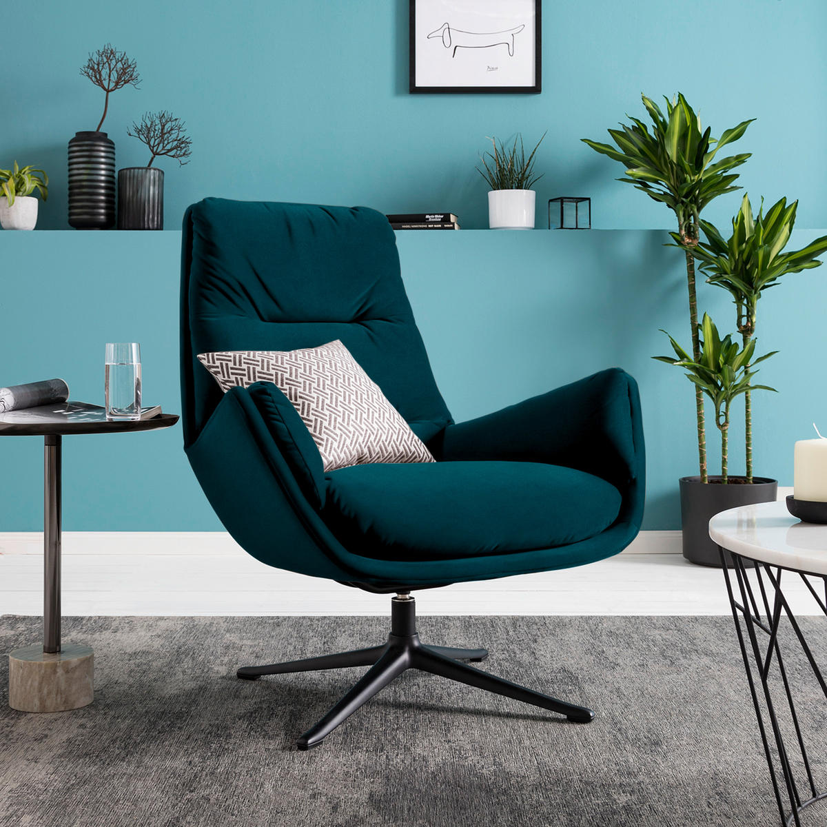 SESSEL in Samt Petrol  - Petrol/Schwarz, Design, Textil/Metall (83/94/97cm) - home24