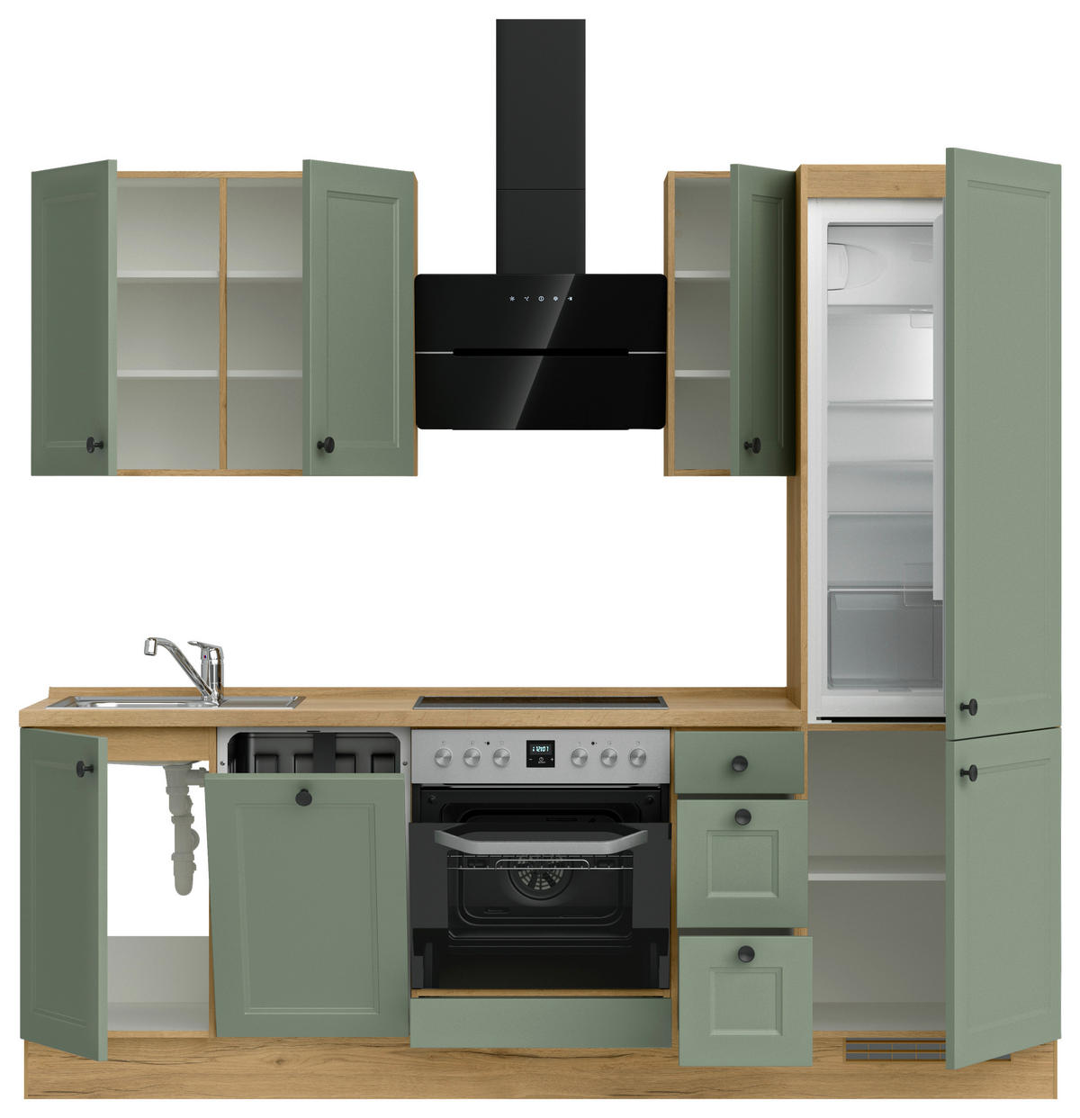 KÜCHENBLOCK Cascada 240 cm  in Eichefarben, Schilfgrün  - Schilfgrün/Eichefarben, MODERN, Holzwerkstoff/Metall (240cm) - Nobilia