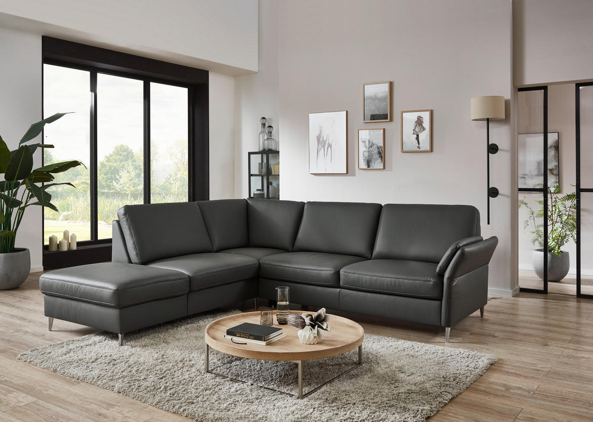 ECKSOFA Beldomo Premium in Echtleder Anthrazit  235/263 cm  - Anthrazit/Alufarben, KONVENTIONELL, Leder/Metall (235/263cm) - Beldomo Premium