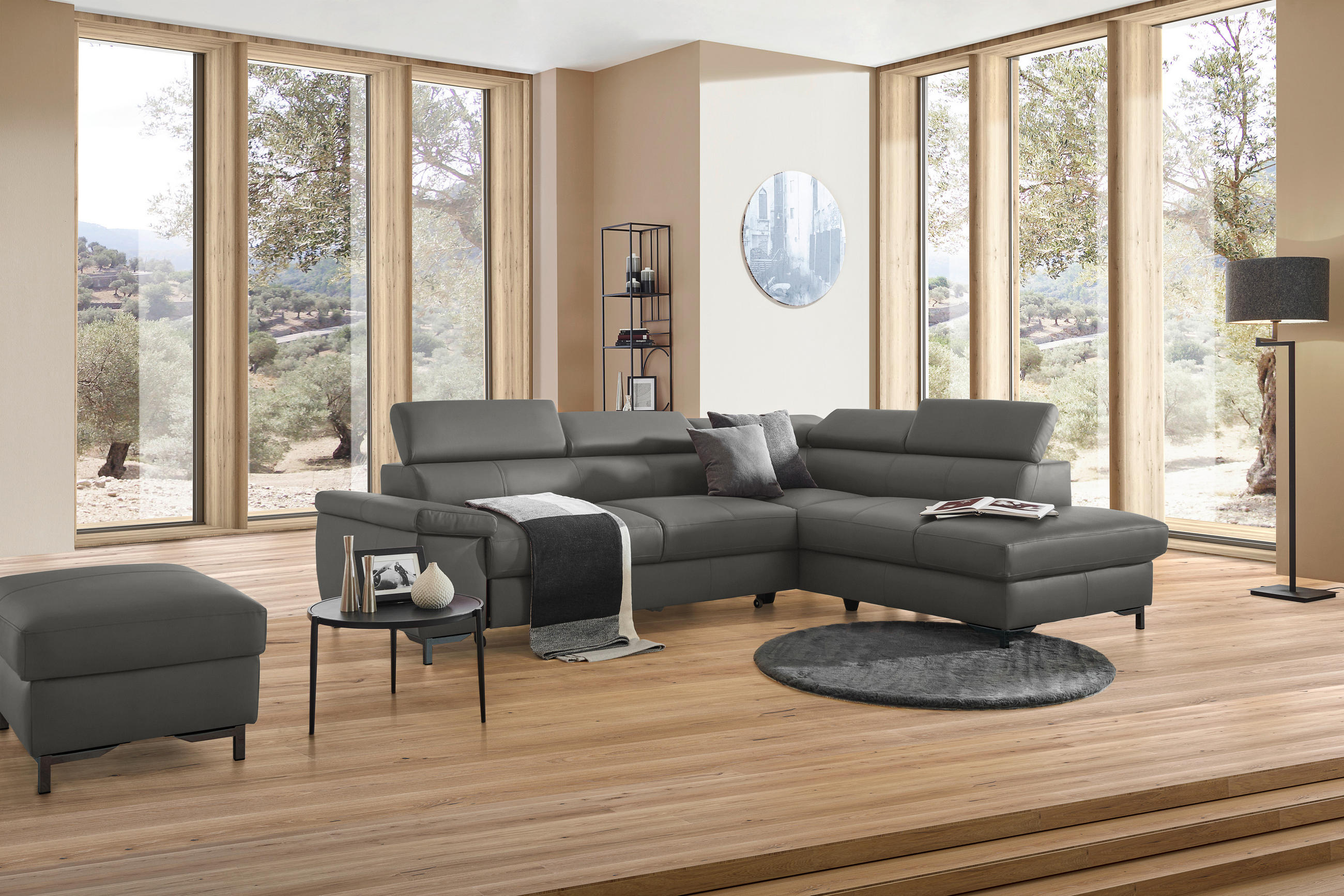 ECKSOFA in Echtleder Anthrazit  268/213 cm  - Anthrazit/Schwarz, Design, Leder/Metall (268/213cm) - Stylife