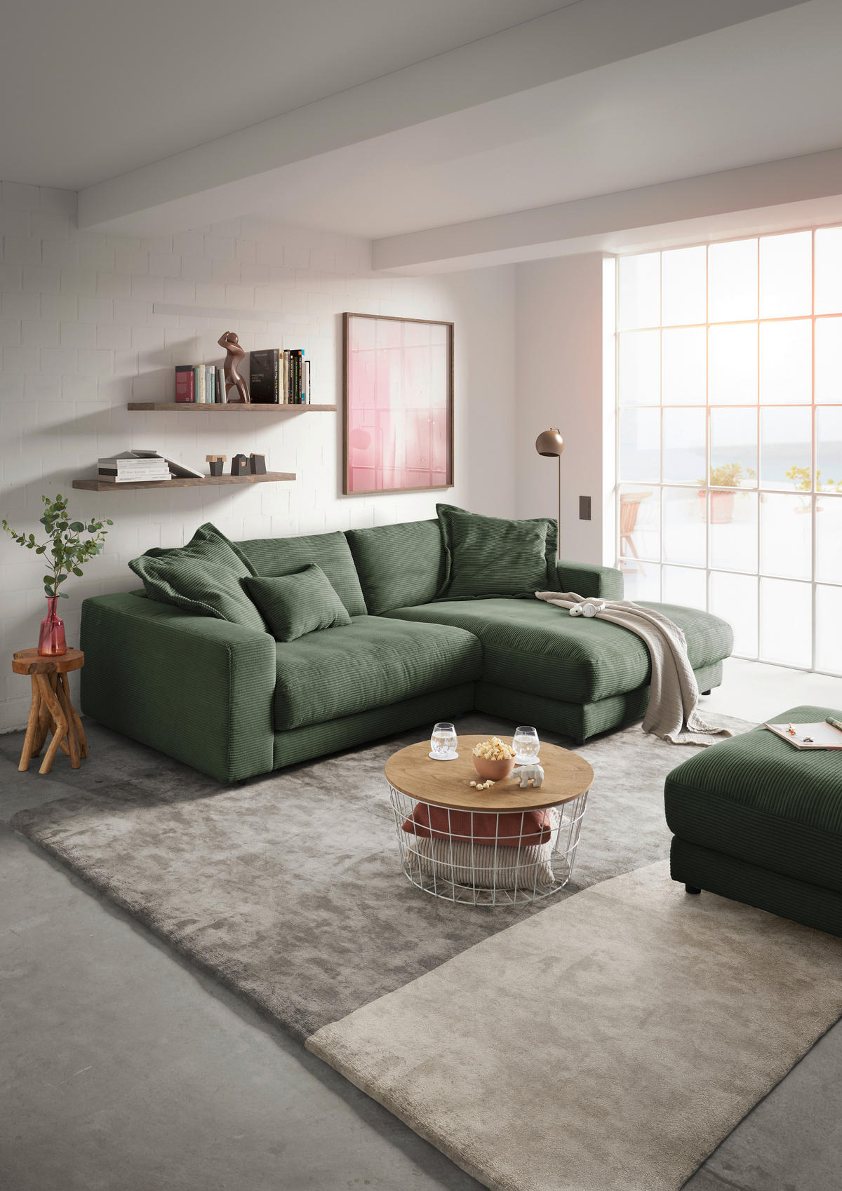 ECKSOFA in Cord Olivgrün  - Schwarz/Olivgrün, Design, Kunststoff/Textil (270/190cm) - Lomoco