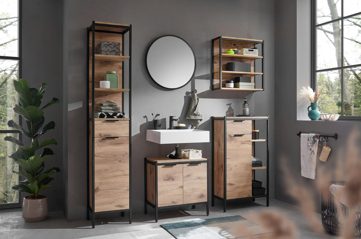 MIDISCHRANK 60/105/30 cm  - Eichefarben/Schwarz, KONVENTIONELL, Holzwerkstoff/Kunststoff (60/105/30cm) - home24