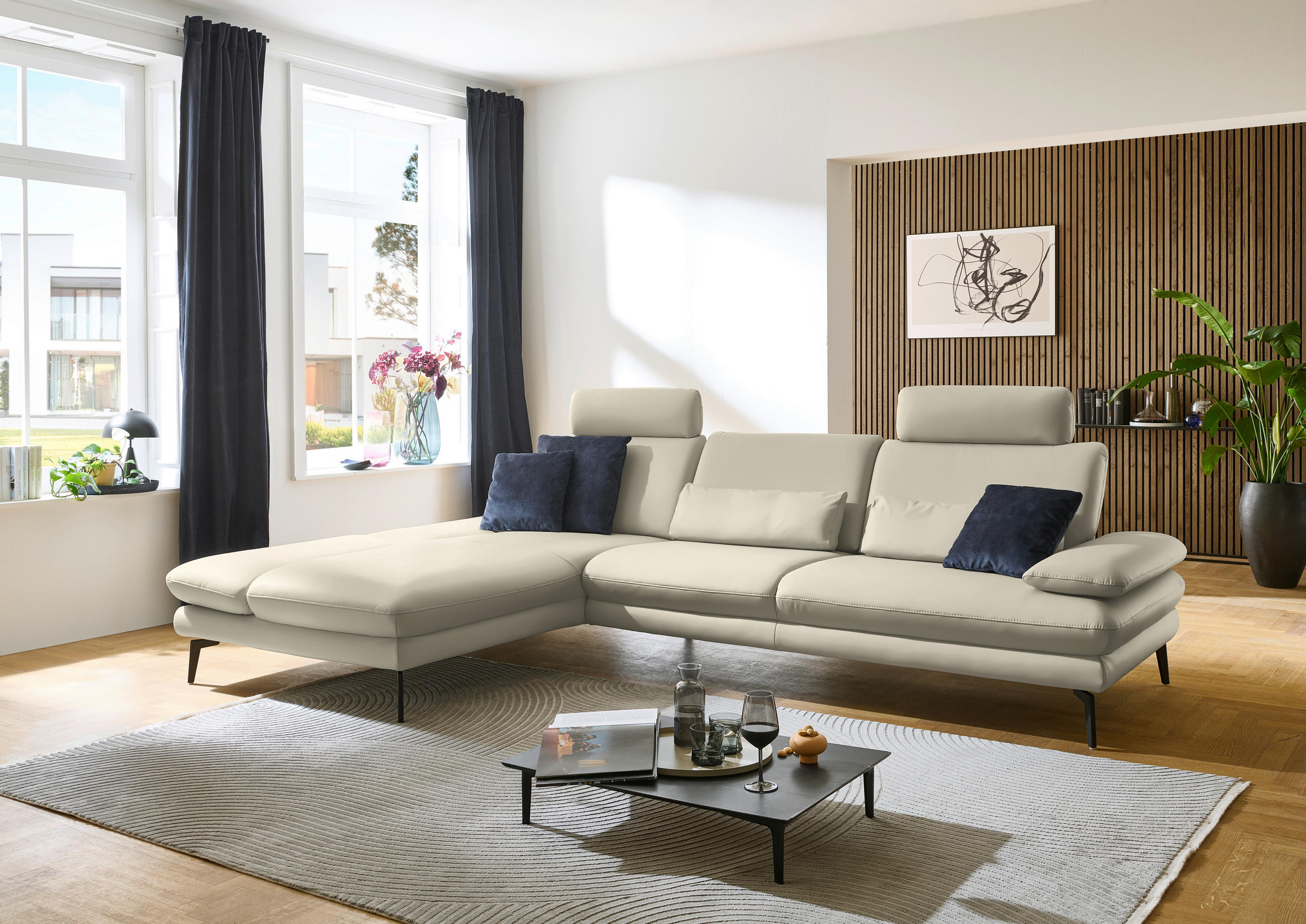 ECKSOFA in Echtleder Ecru  - Ecru/Schwarz, Design, Leder/Metall (195/308cm) - Dieter Knoll