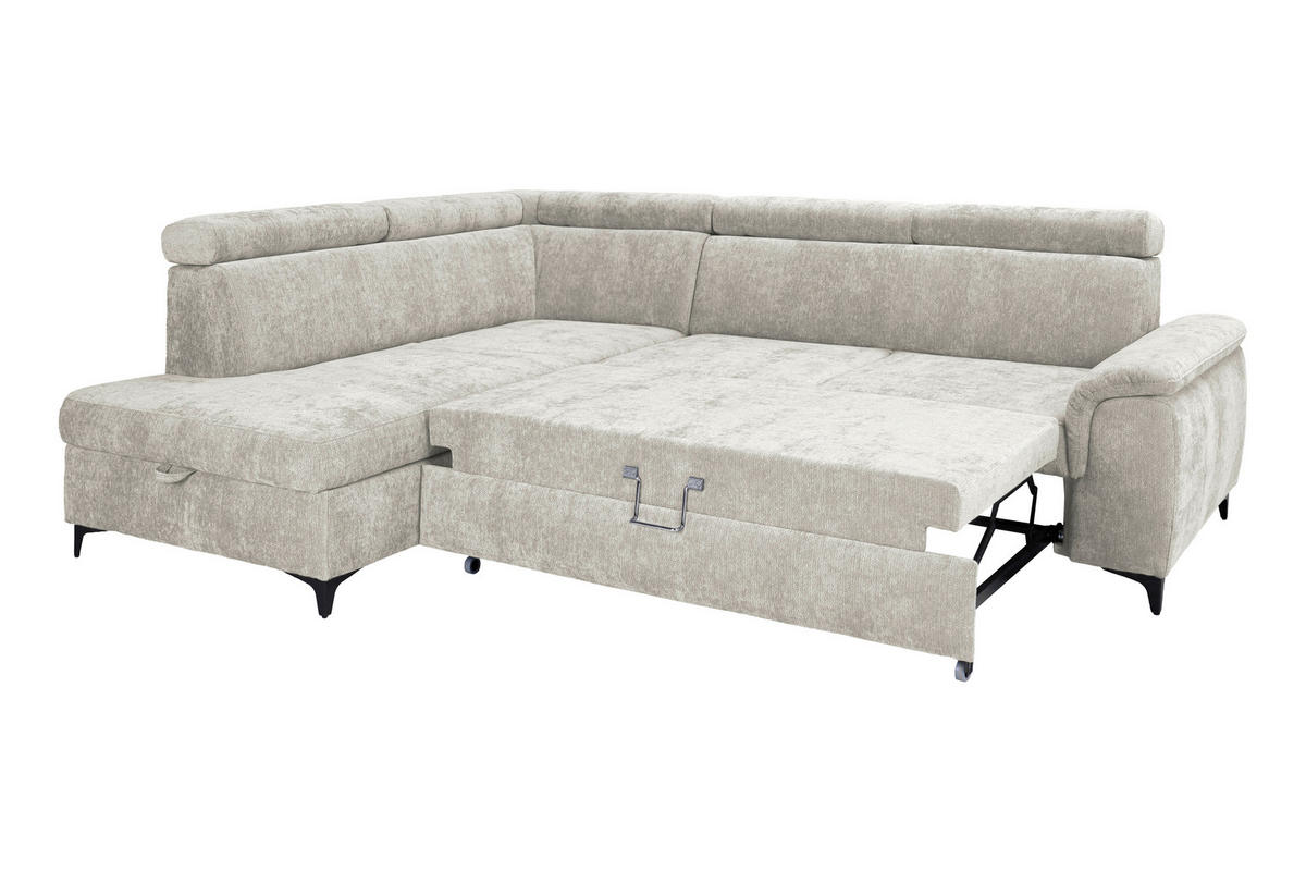 ECKSOFA Elfenbein Chenille Bettkasten, Schlaffunktion, Rücken echt, Kopfteilverstellung, Liegefläche im Originalstoff  - Elfenbein/Schwarz, KONVENTIONELL, Textil/Metall (206/265cm) - Carryhome