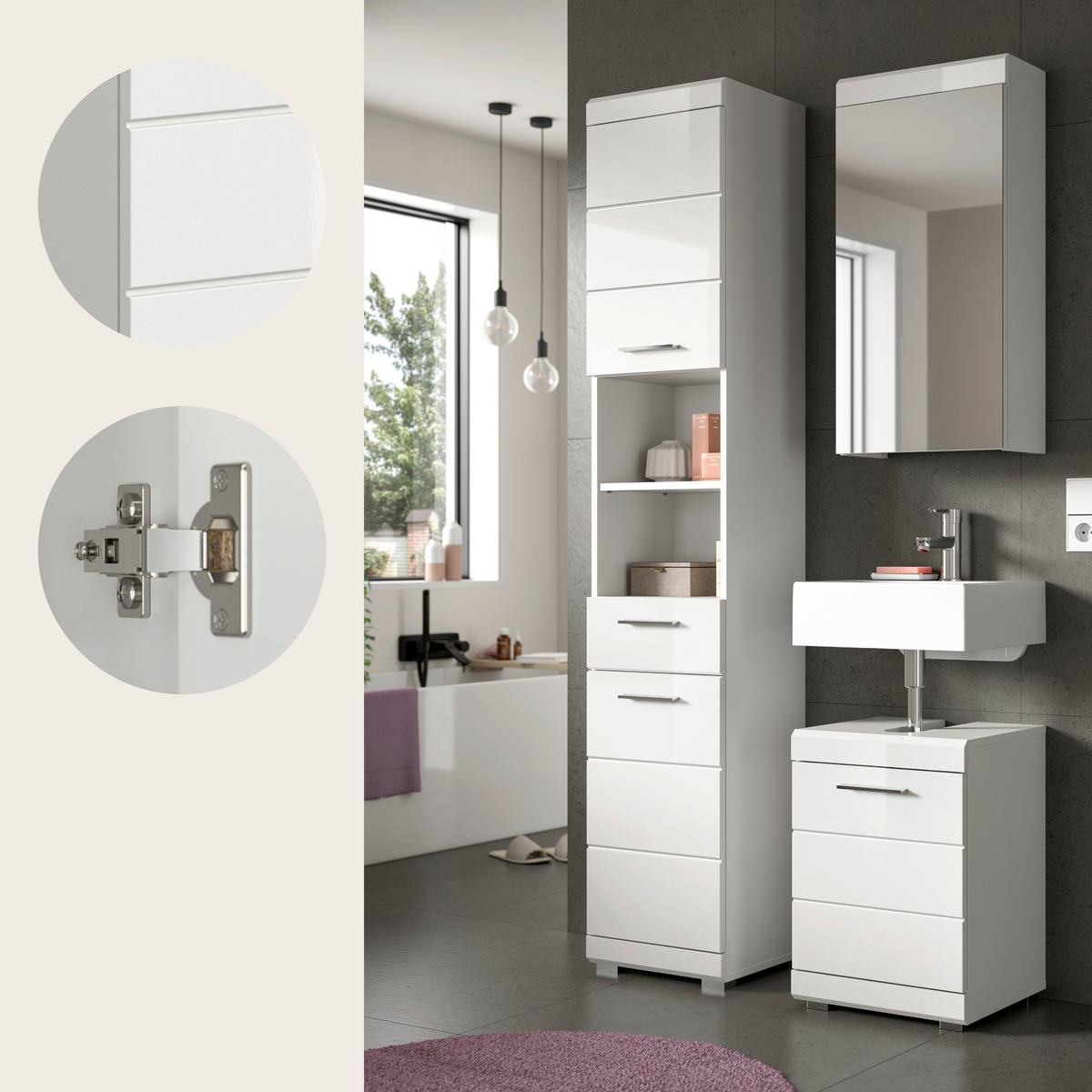 BADEZIMMER 3-teilig  in 92 cm  - Weiß Hochglanz/Silberfarben, Trend, Glas/Holzwerkstoff (92cm) - MID.YOU