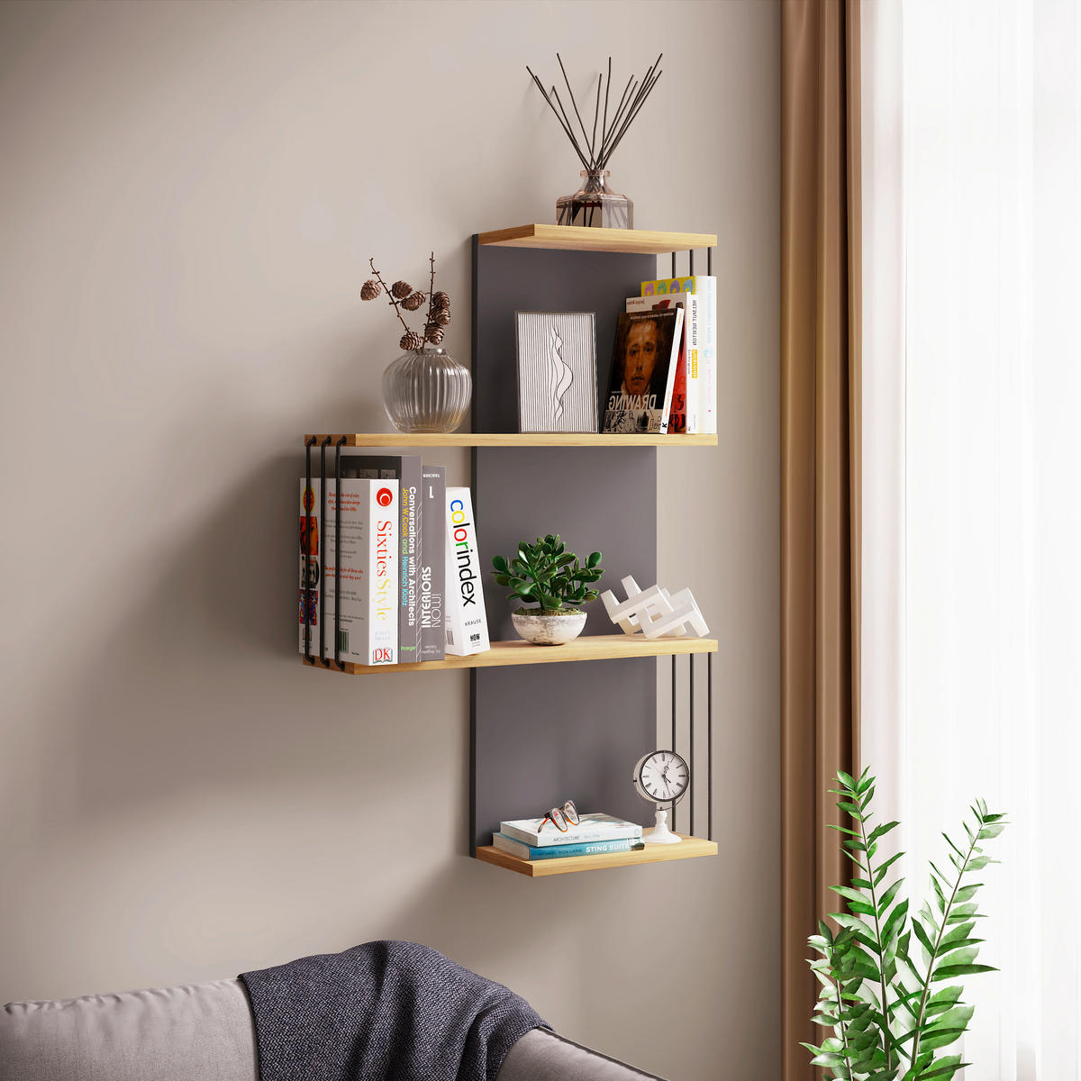 Poliță De Perete 68/98/19 cm, antracit, culoare lemn stejar  - culoare lemn stejar/antracit, Design, material pe bază de lemn (68/98/19cm) - Livetastic