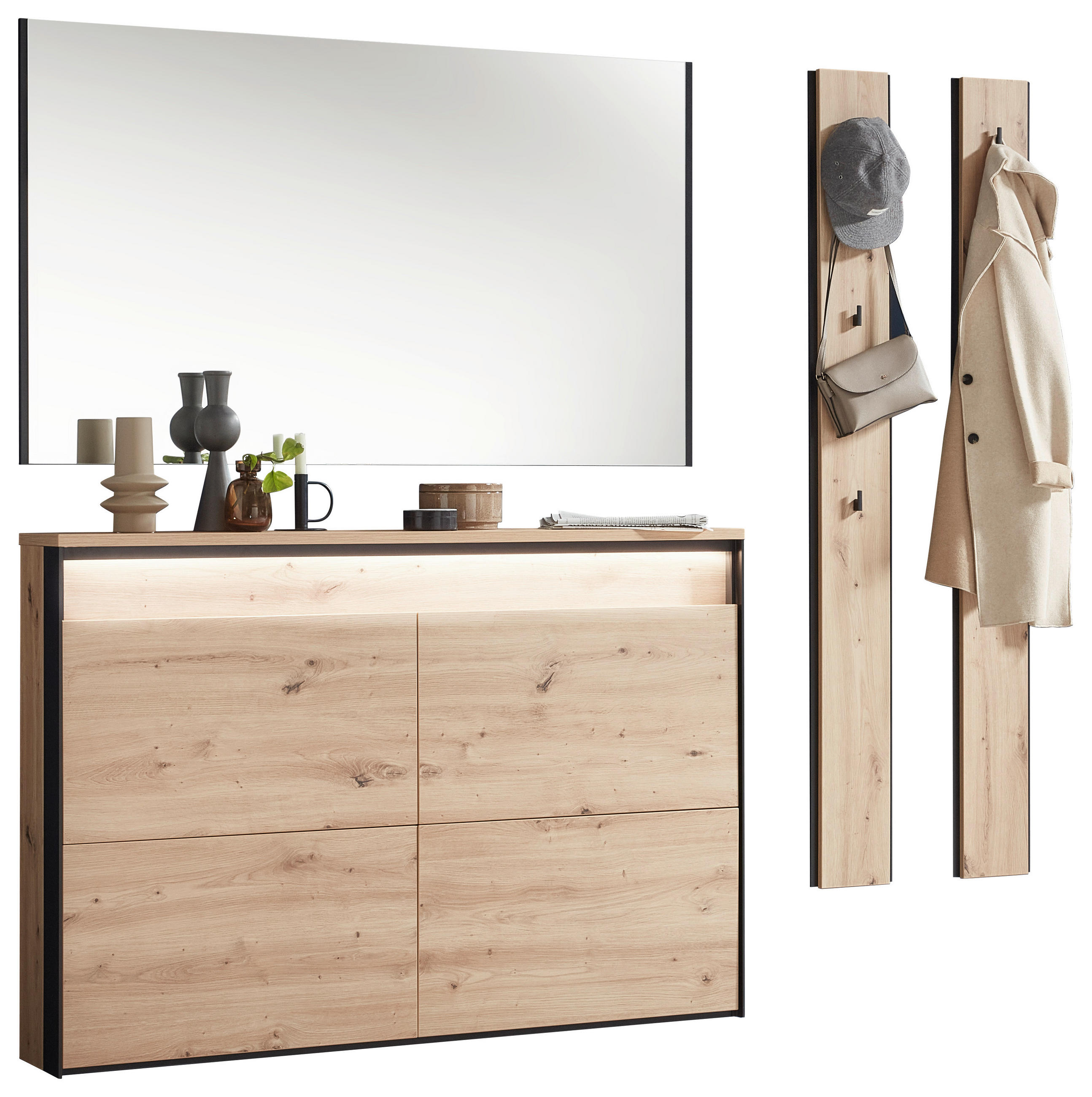 GARDEROBE 4-teilig in 180/190/24,3 cm - Schwarz/Eiche Artisan, KONVENTIONELL, Glas/Holzwerkstoff (180/190/24,3cm) - Voleo