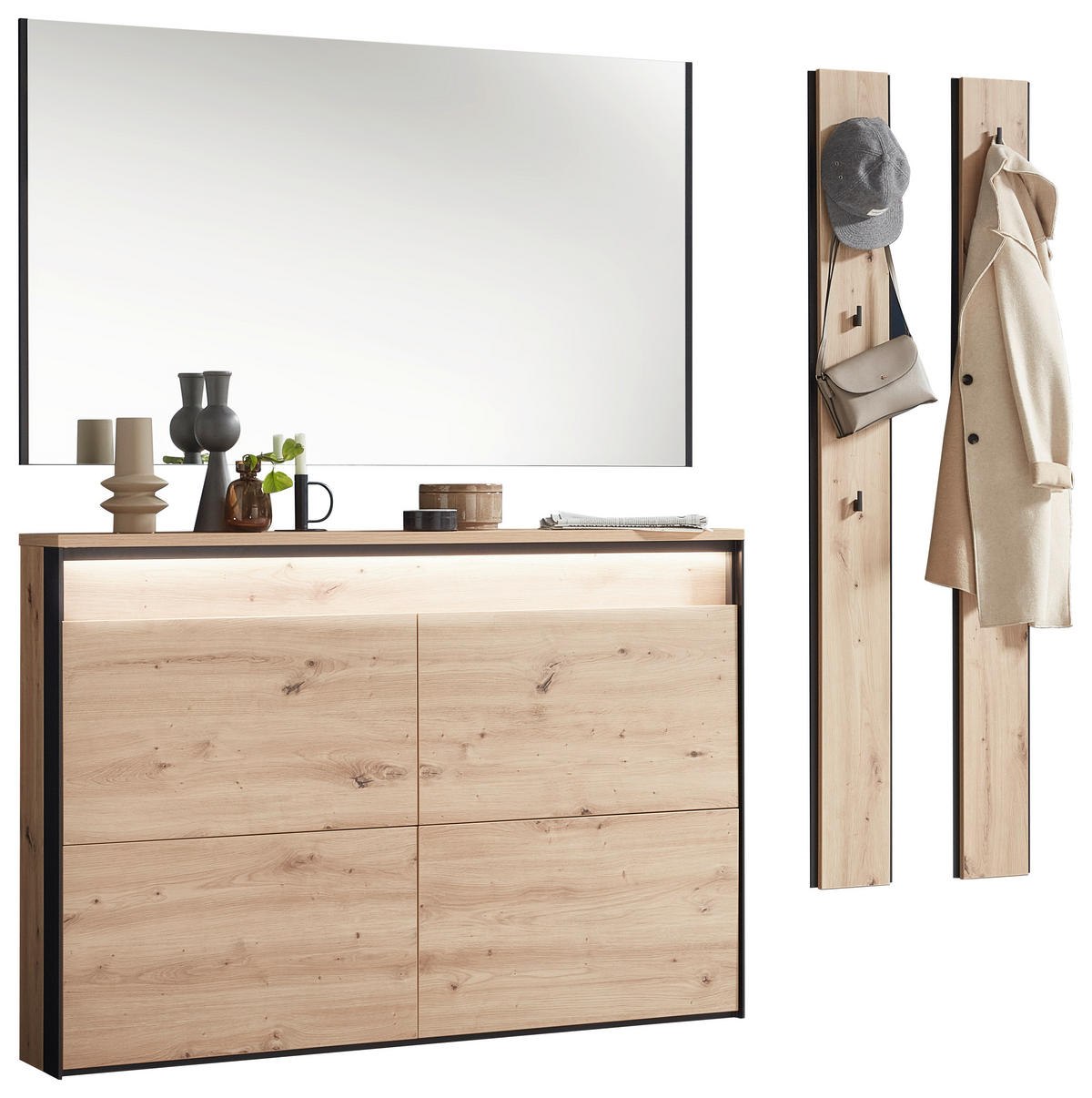 GARDEROBE 4-teilig  in 180/190/24,3 cm  - Schwarz/Eiche Artisan, KONVENTIONELL, Glas/Holzwerkstoff (180/190/24,3cm) - Voleo