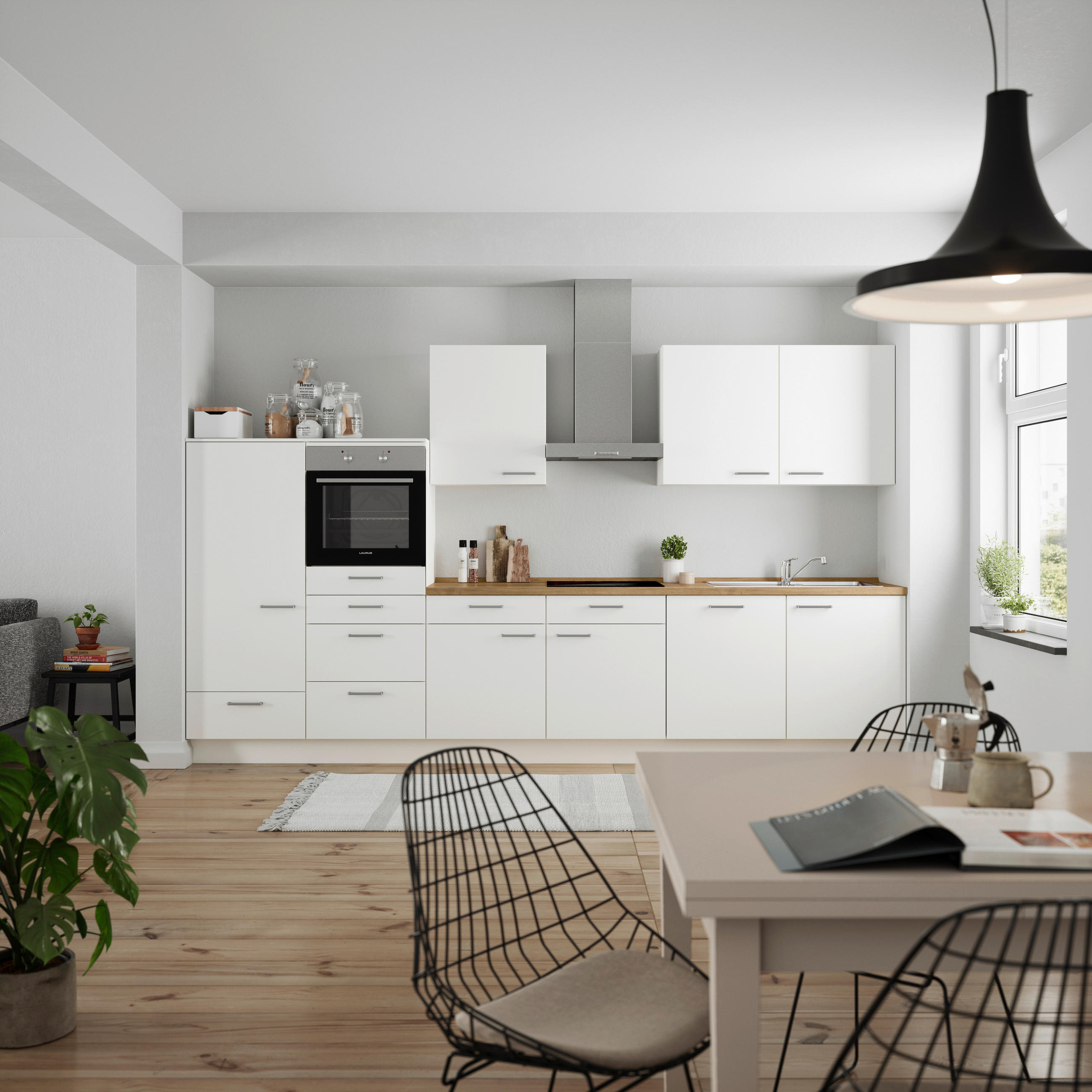 KÜCHENBLOCK 360 cm   in Weiß, Eichefarben  - Edelstahlfarben/Eichefarben, MODERN, Holzwerkstoff/Metall (360cm) - Nobilia