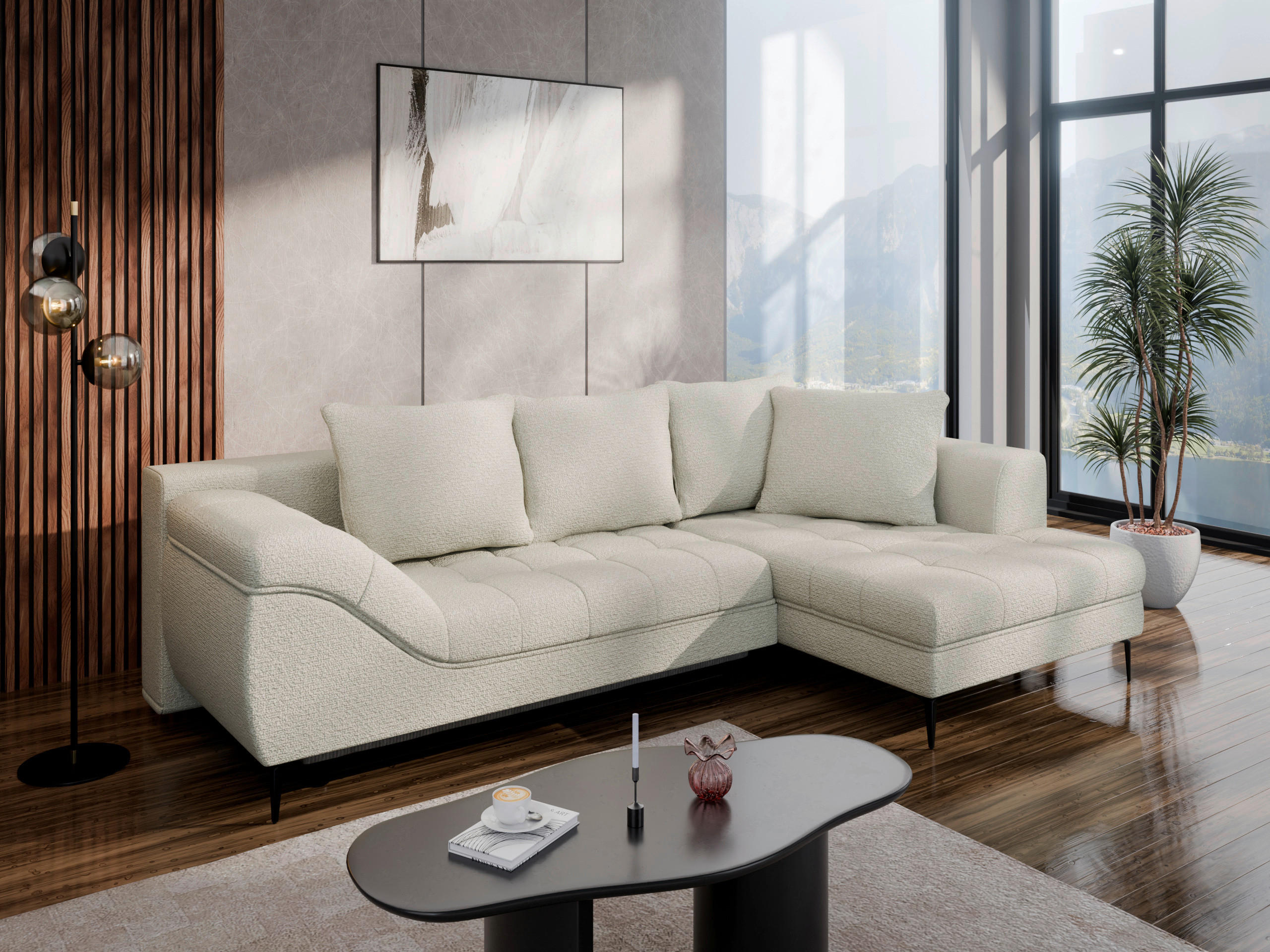 ECKSOFA Beige Struktur, Bouclé  - Beige/Schwarz, Design, Textil (177/276cm) - MID.YOU