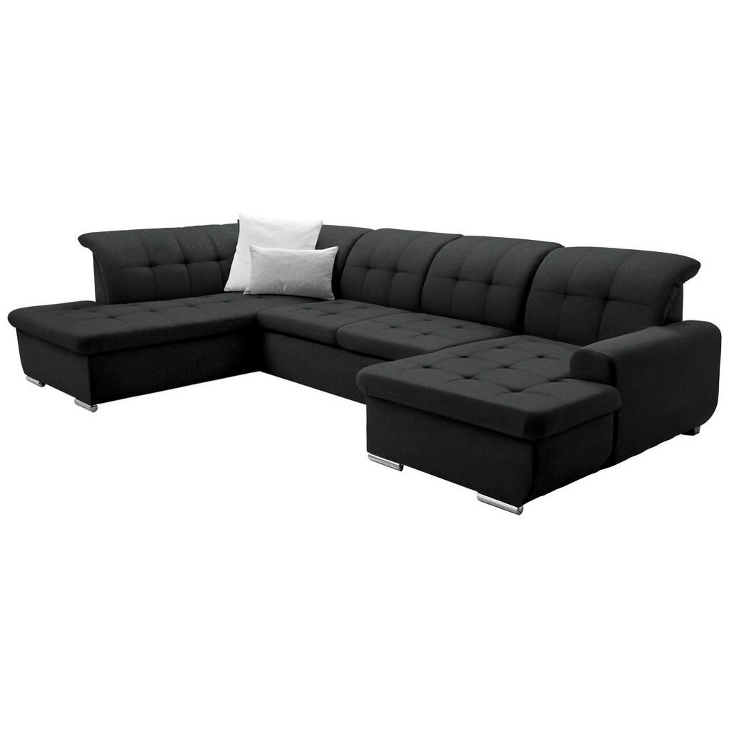 Thumbnail - Cantus Wohnlandschaft, Schwarz, Textil, Uni, 5-Sitzer, Ottomane links, U-Form, 342x208 cm, Made in EU, seitenverkehrt er...