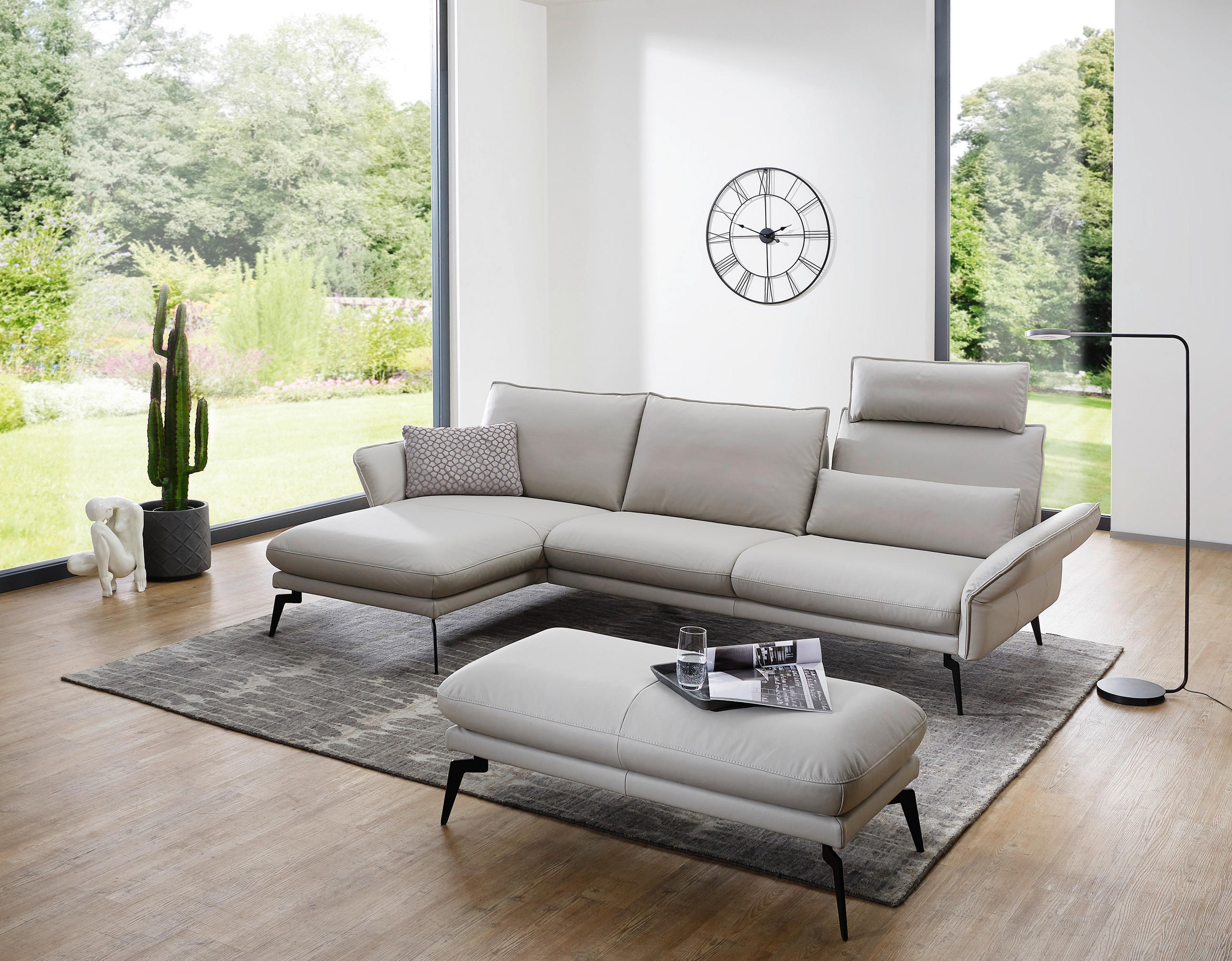 ECKSOFA Hellgrau Echtleder  - Hellgrau/Schwarz, LIFESTYLE, Leder/Metall (168/260cm) - Moderano