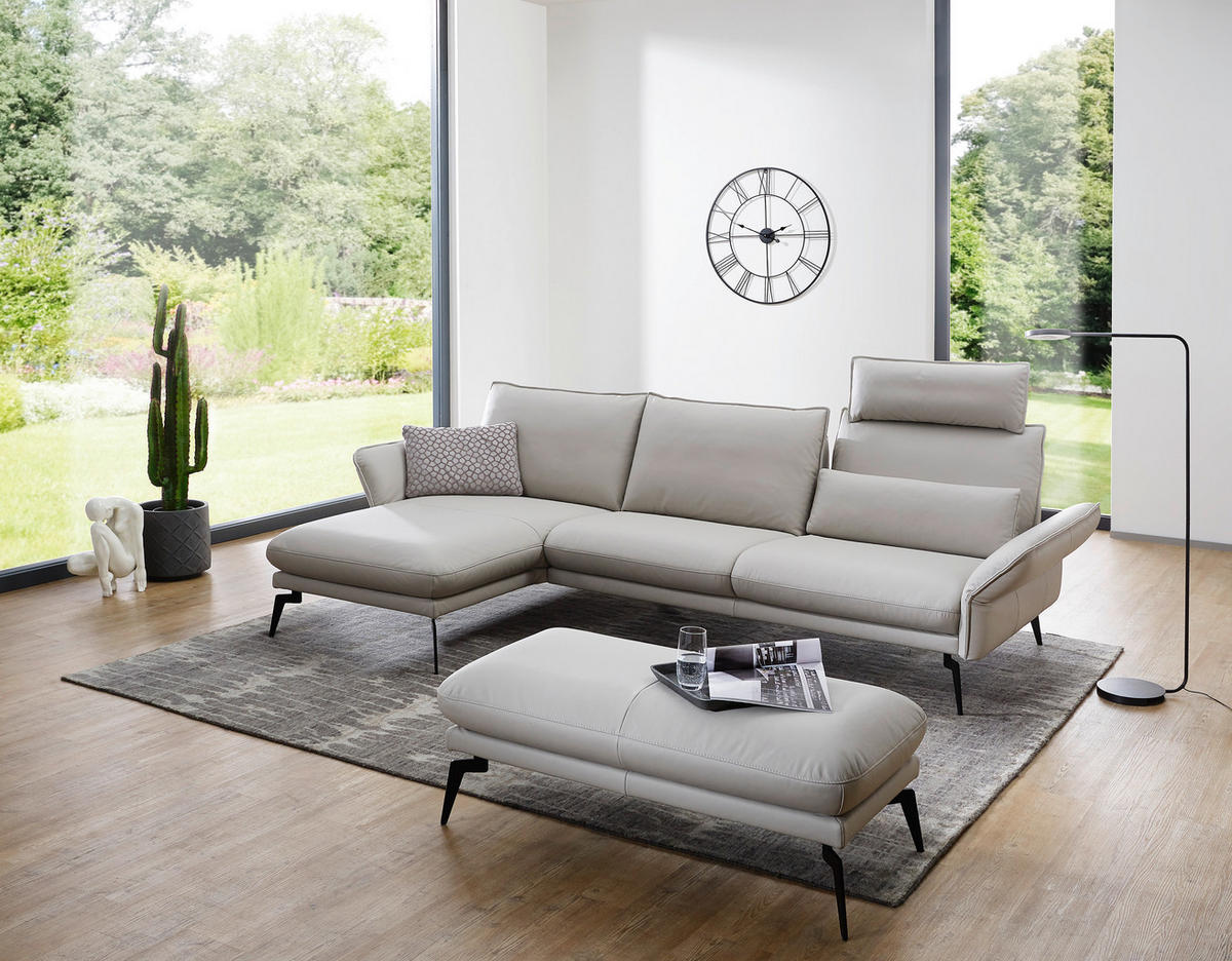 ECKSOFA Hellgrau Echtleder  - Hellgrau/Schwarz, LIFESTYLE, Leder/Metall (168/260cm) - Moderano