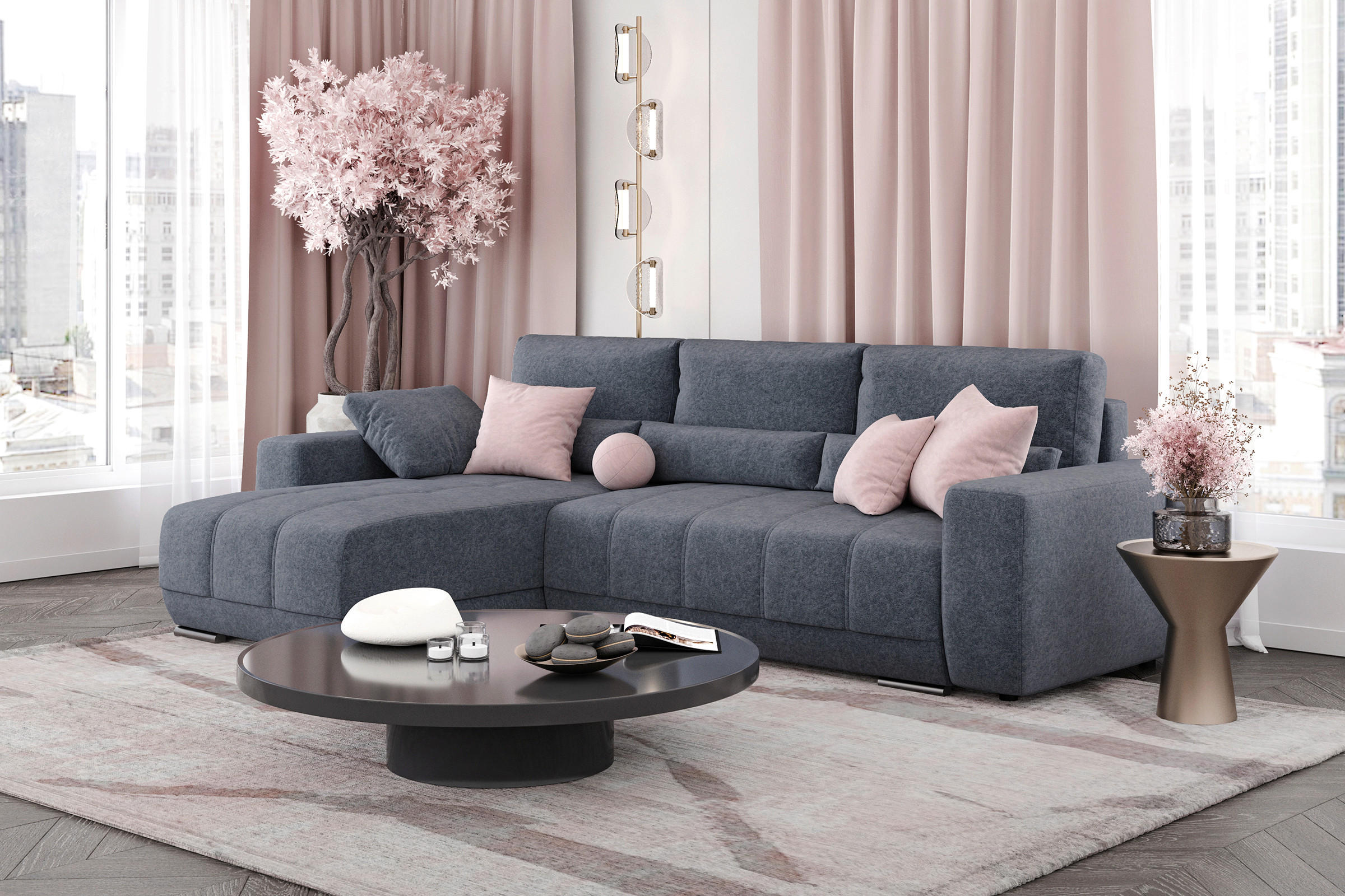 ECKSOFA LOPEZ in Flachgewebe Dunkelgrau  - Dunkelgrau/Silberfarben, Design, Kunststoff/Textil (190/296cm) - MID.YOU