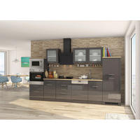 KÜCHENBLOCK 340 cm   in Anthrazit, Eichefarben, Anthrazit Hochglanz  - Chromfarben/Eichefarben, MODERN, Holzwerkstoff/Metall (340cm) - Held