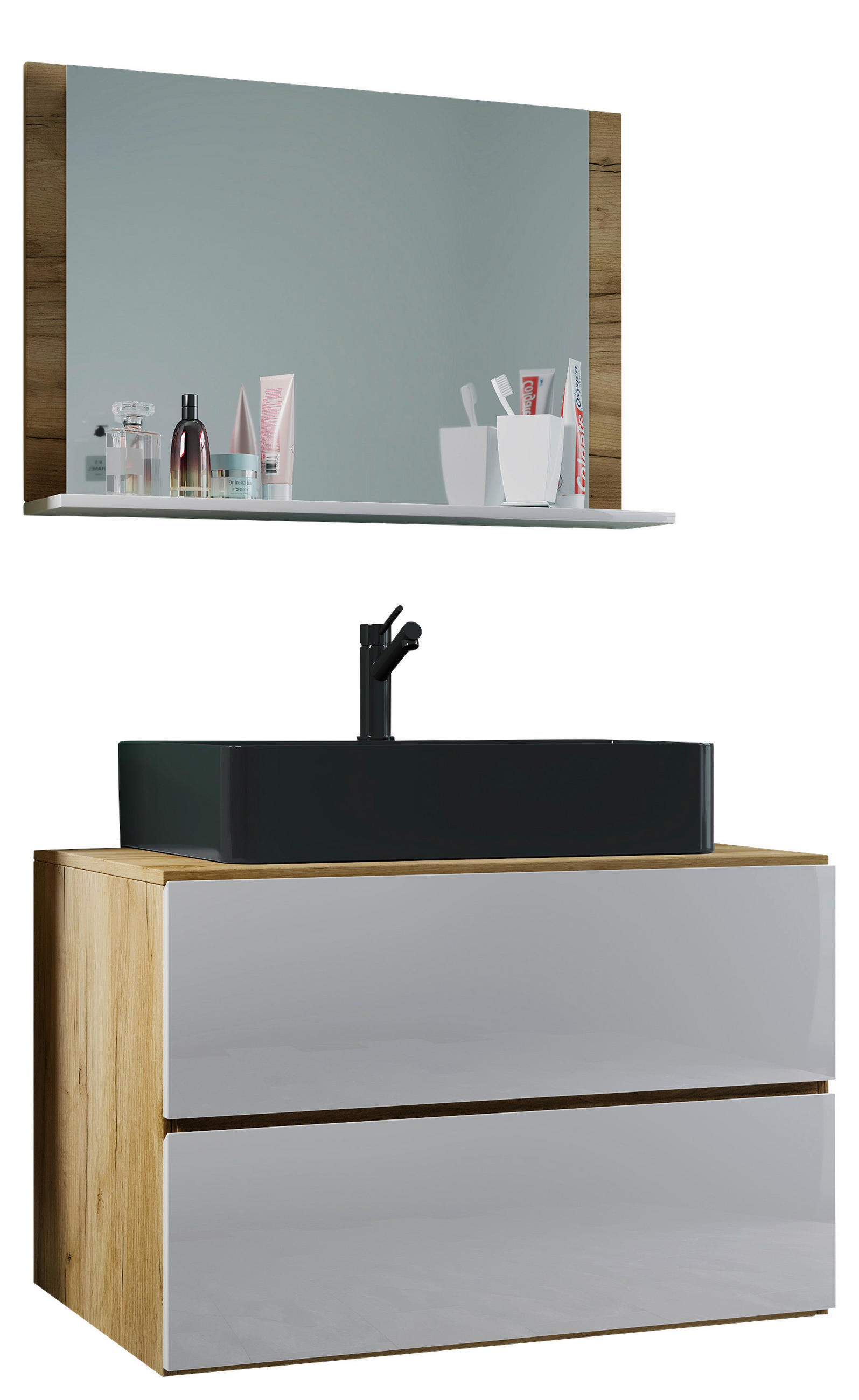 BADEZIMMER 3-teilig  in 81 cm  - Honigeiche/Schwarz, MODERN, Glas/Keramik (81cm) - MID.YOU