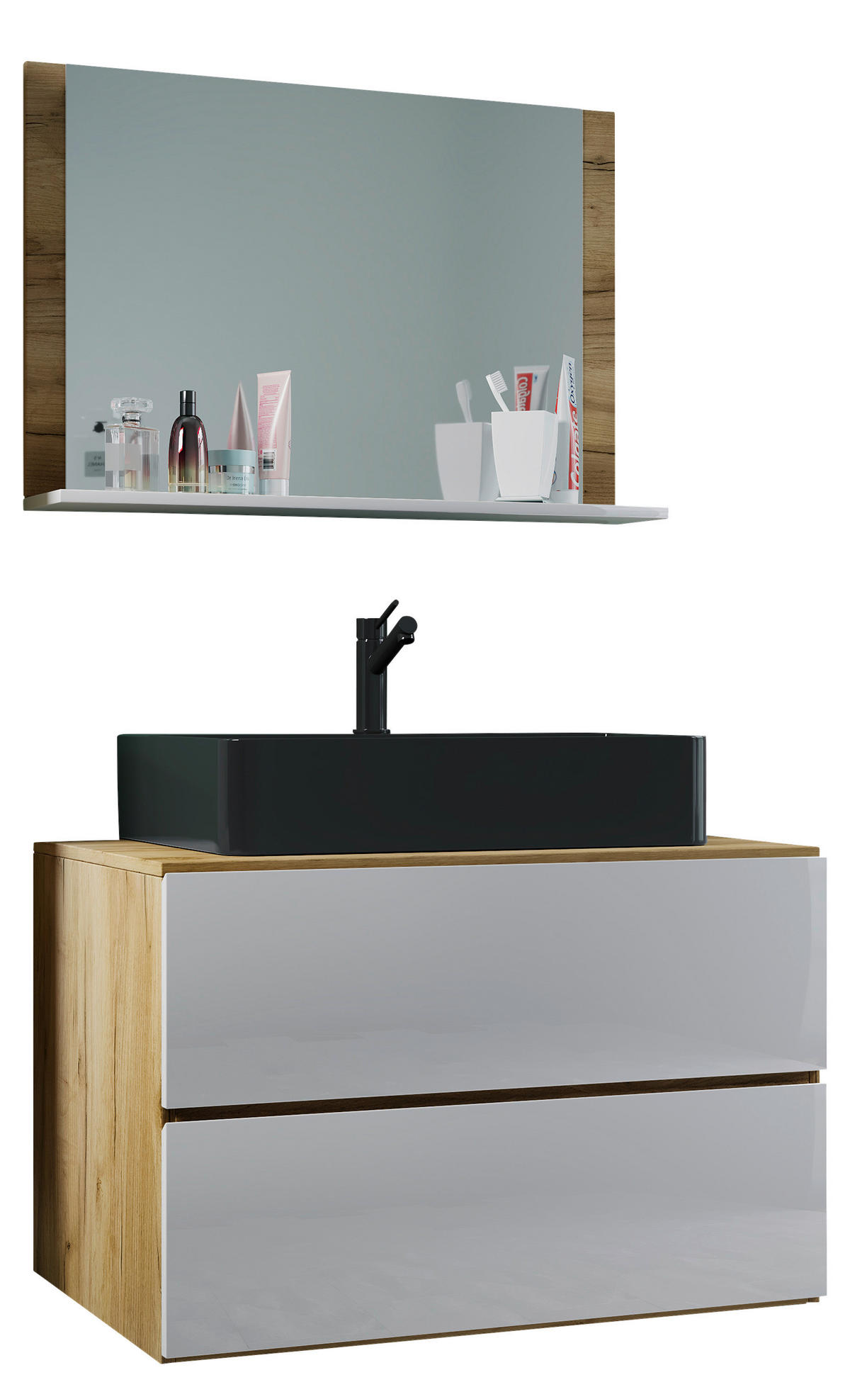 BADEZIMMER 3-teilig  in 81 cm  - Honigeiche/Schwarz, MODERN, Glas/Keramik (81cm) - MID.YOU