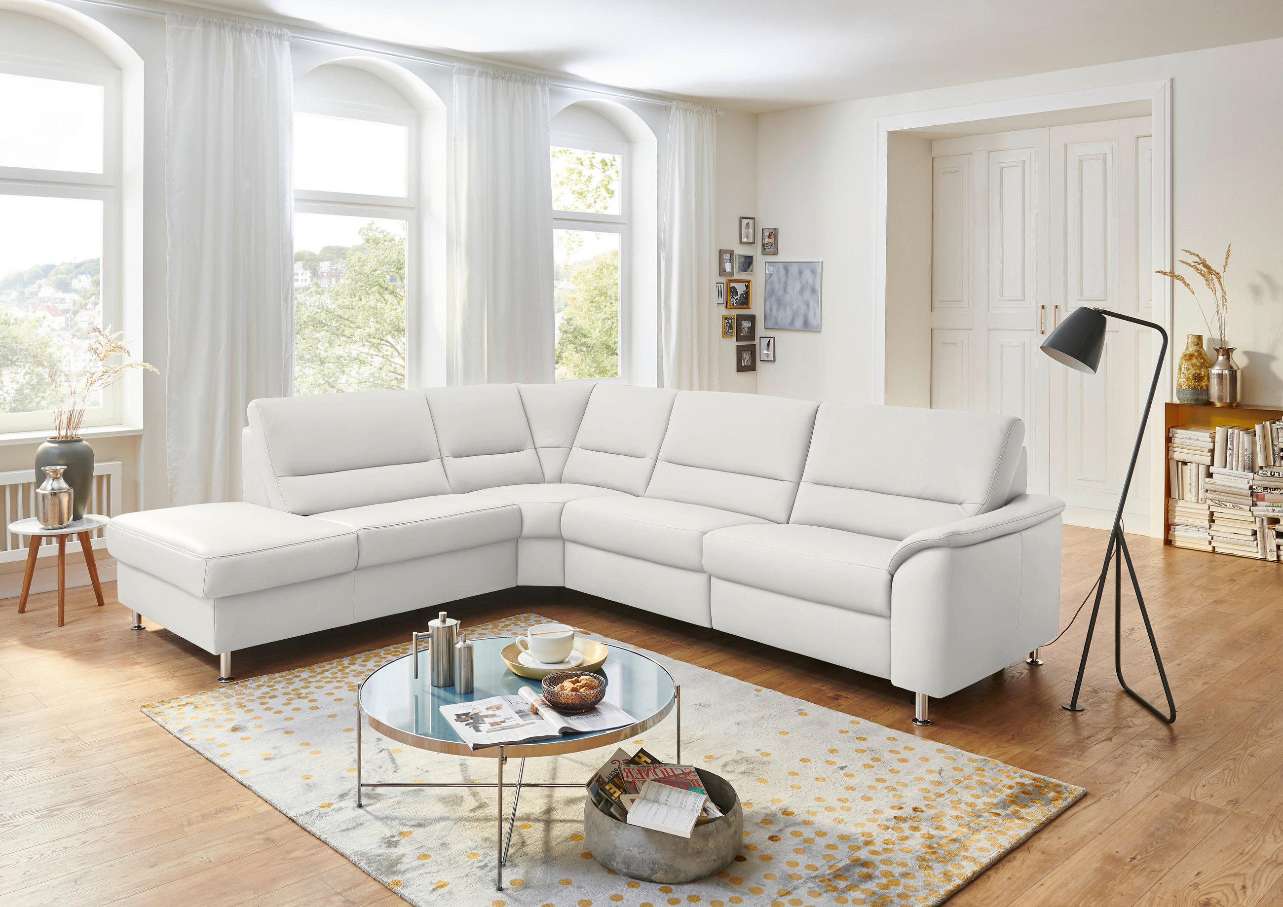 ECKSOFA in Echtleder Weiss  - Weiss/Alufarben, Basics, Leder/Metall (249/290cm) - Beldomo Premium