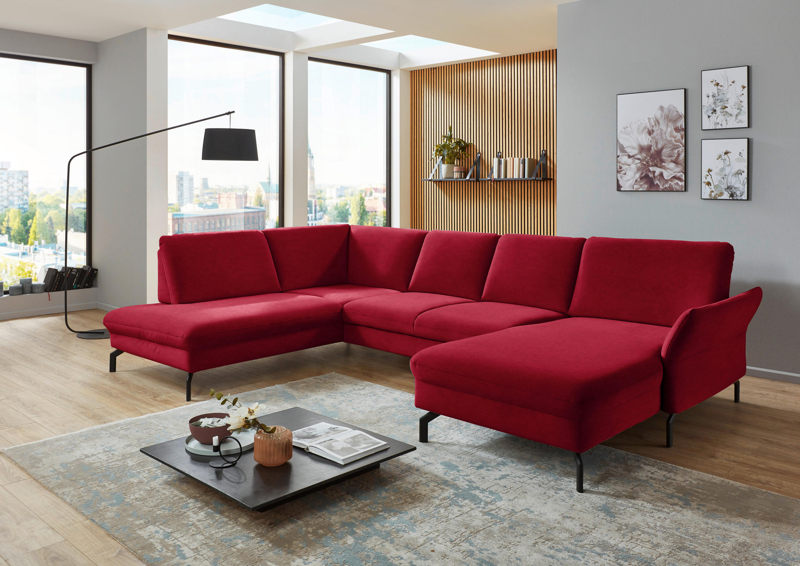 WOHNLANDSCHAFT in Velours Rot  - Rot/Schwarz, Design, Textil/Metall (220/335/179cm) - Beldomo System