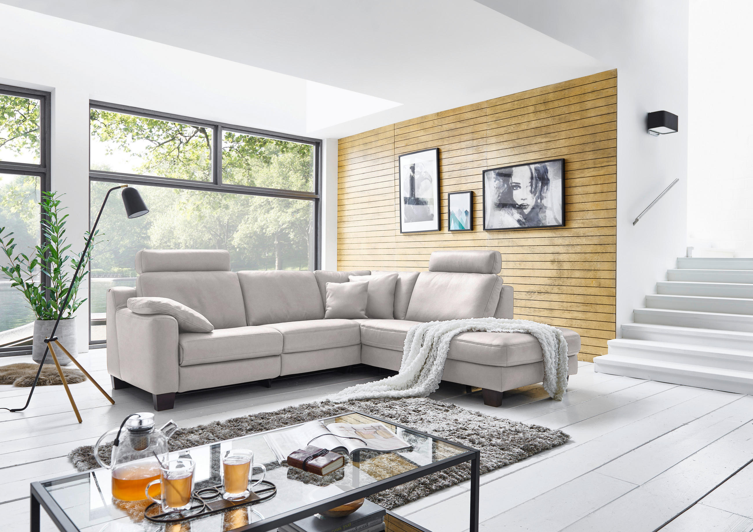 ECKSOFA in Echtleder Grau  - Eichefarben/Grau, Design, Leder/Holz (259/235cm) - Valdera