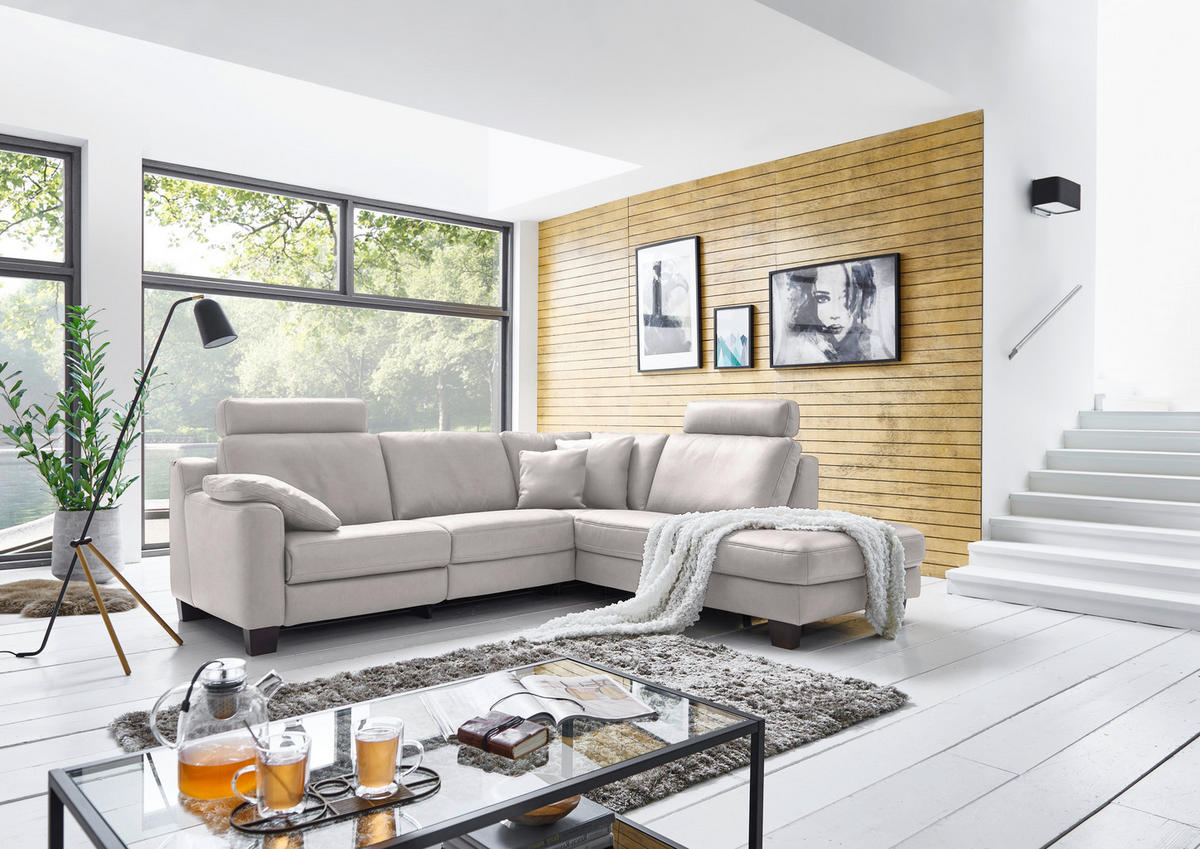 ECKSOFA in Echtleder Grau  - Eichefarben/Grau, Design, Leder/Holz (259/235cm) - Valdera