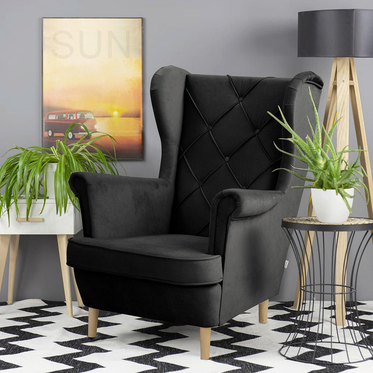 OHRENSESSEL Samt Schwarz  - Schwarz/Naturfarben, Design, Holz/Textil (84/105/90cm) - P & B