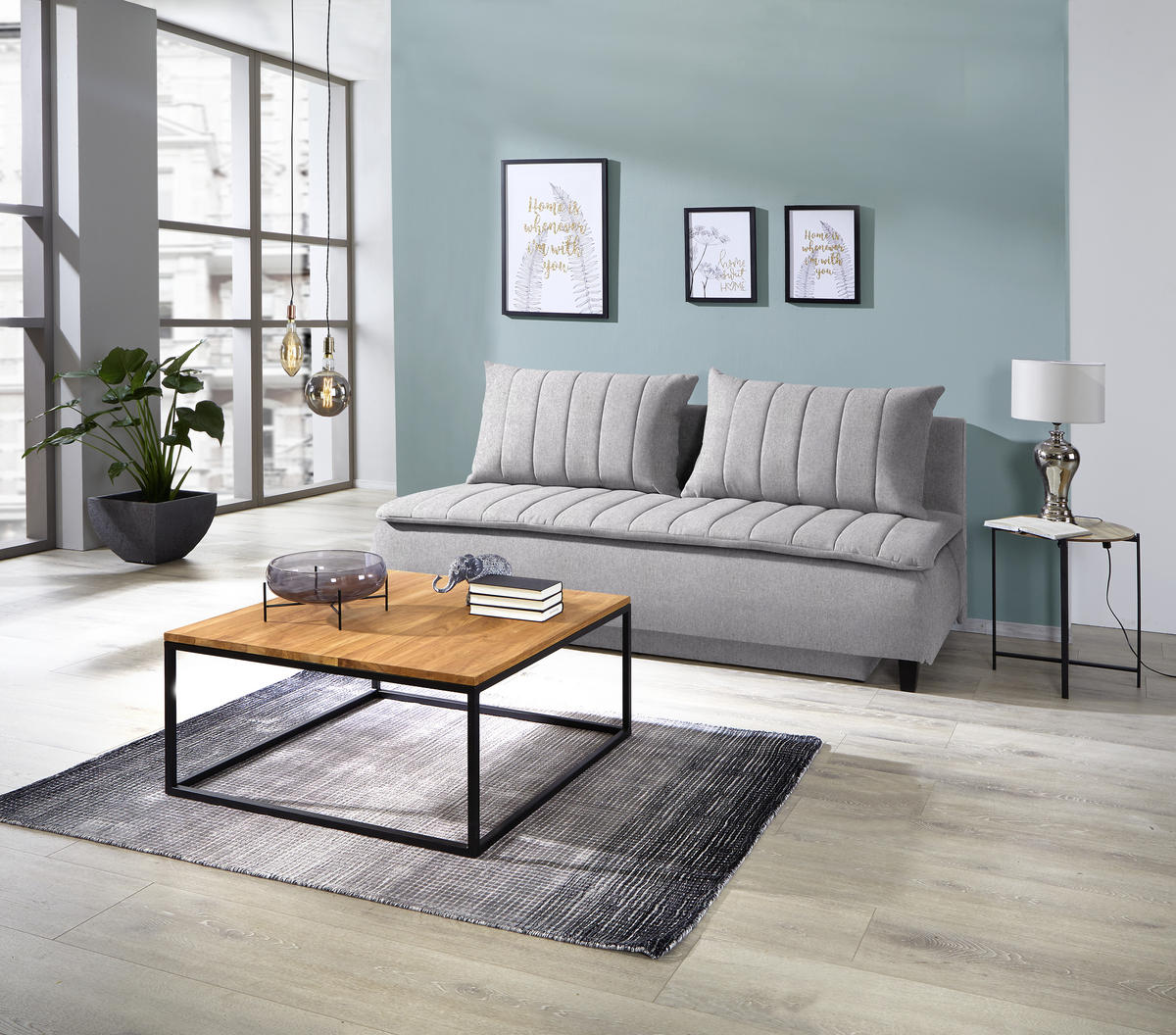 BOXSPRINGSOFA Webstoff Greige  - Greige/Schwarz, MODERN, Holz/Textil (208/102/96cm) - MID.YOU