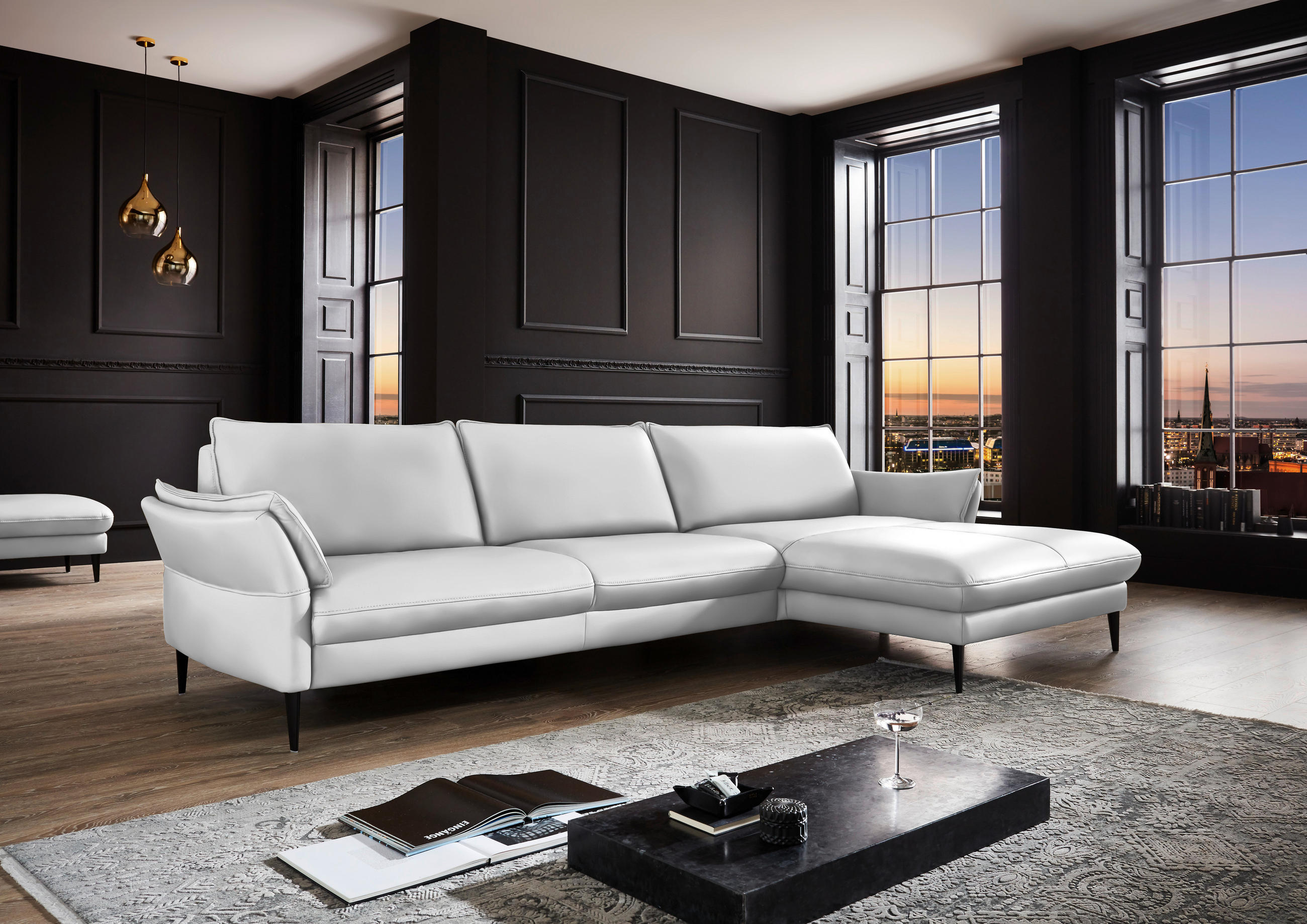 ECKSOFA in Echtleder Weiss  - Weiss/Schwarz, Design, Leder/Metall (334/172cm) - Hukla