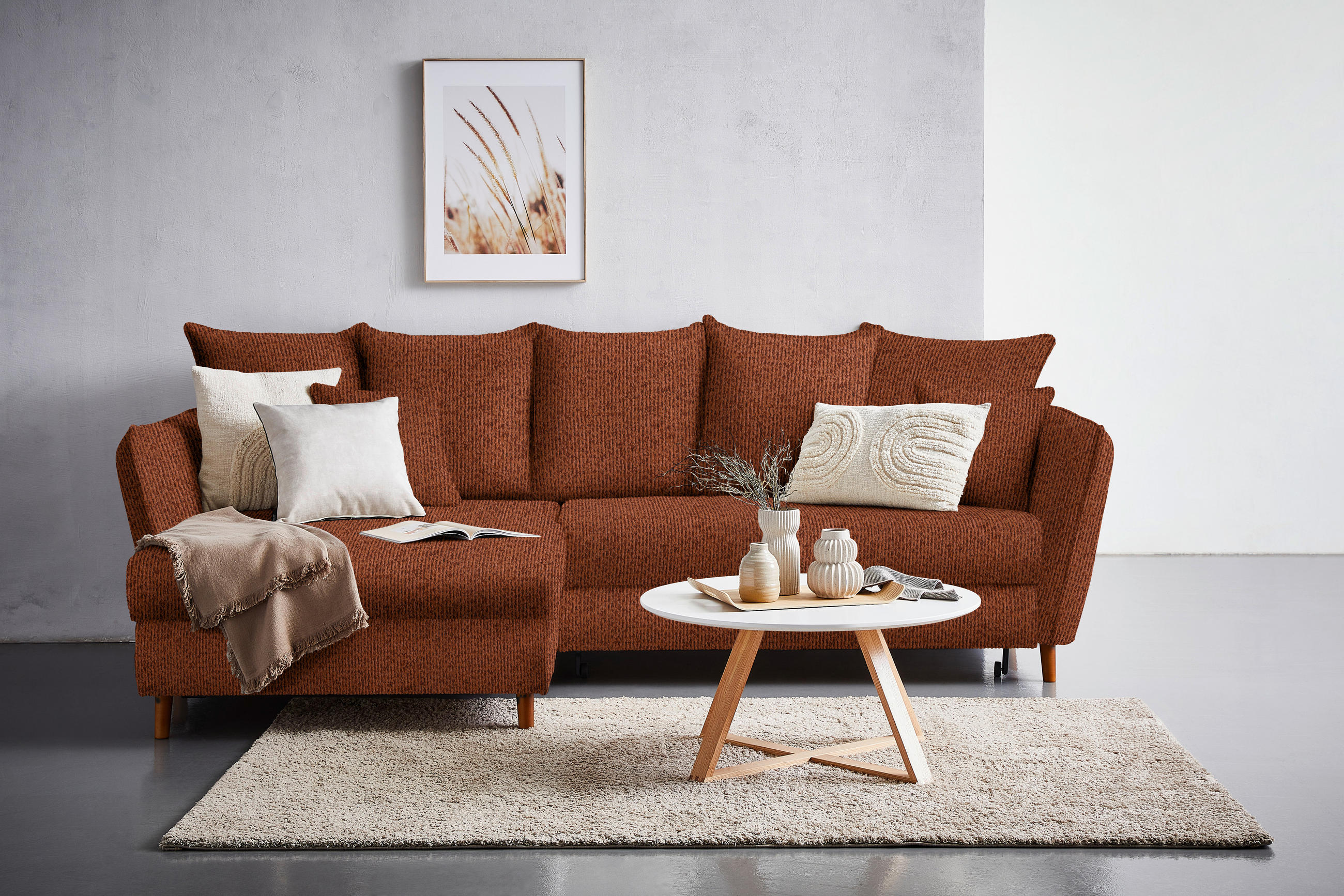 HÖRNSOFFA i chenille rostfärgad  - ekfärgad/rostfärgad, Klassisk, trä/textil (284/162cm) - MID.YOU