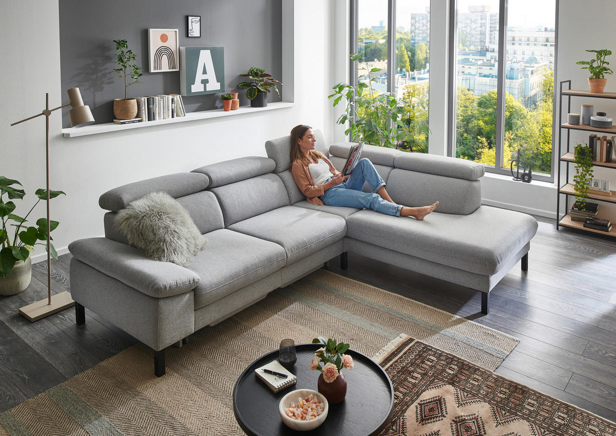ECKSOFA in Flachgewebe Hellgrau  272/217 cm  - Hellgrau/Schwarz, Design, Holzwerkstoff/Textil (272/217cm) - Pure Home Comfort