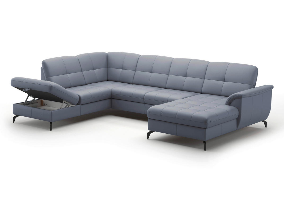 WOHNLANDSCHAFT Graublau Echtleder  - Graublau/Schwarz, MODERN, Leder/Metall (212/319/164cm) - Sit & More