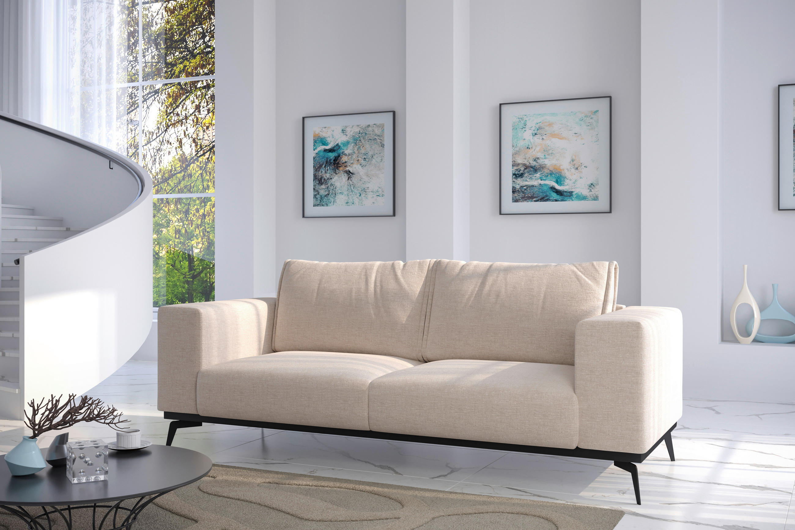 2-SITZER-SOFA beflockt Creme  - Creme/Schwarz, Design, Holz/Textil (250/87/95cm) - MID.YOU